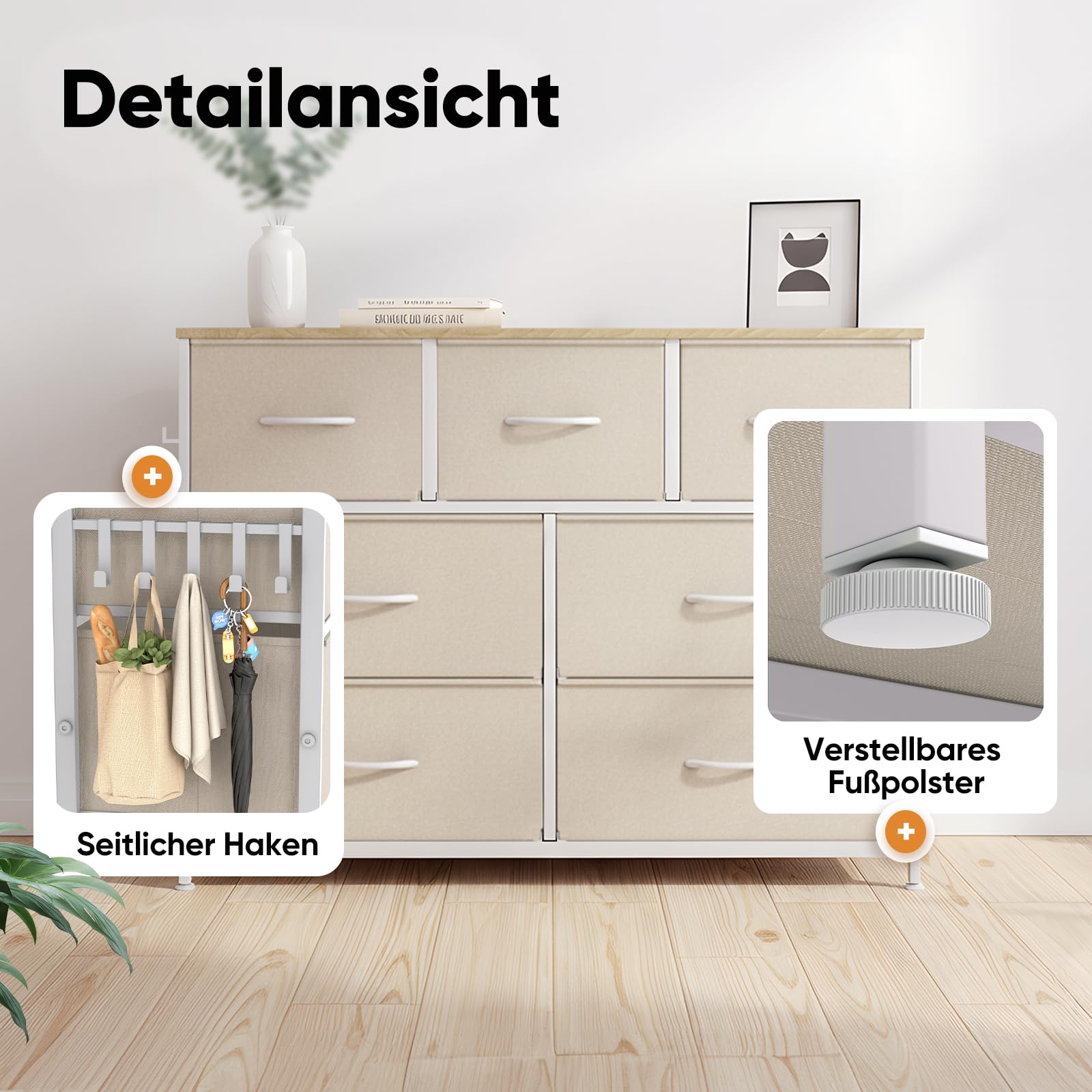HOKEEPER Kommode 7 Schubladen Stoffbezug | Stoffschubladen, Holz, mit Schubladen, für Küche, für Schlafzimmer, für Flur, Beige, weiche Stoffschubladen