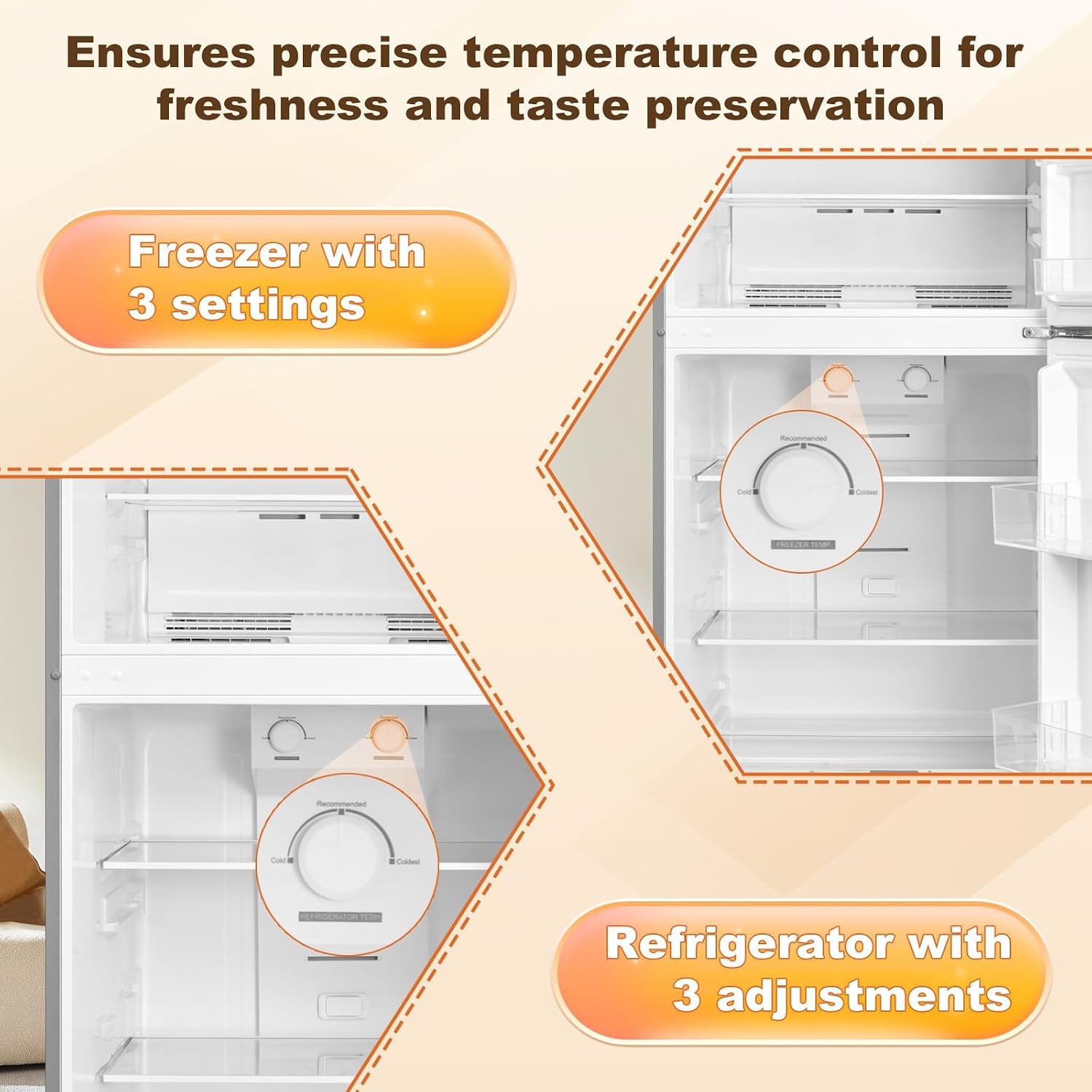 Close-up of the temperature control dials for both the freezer and refrigerator compartments