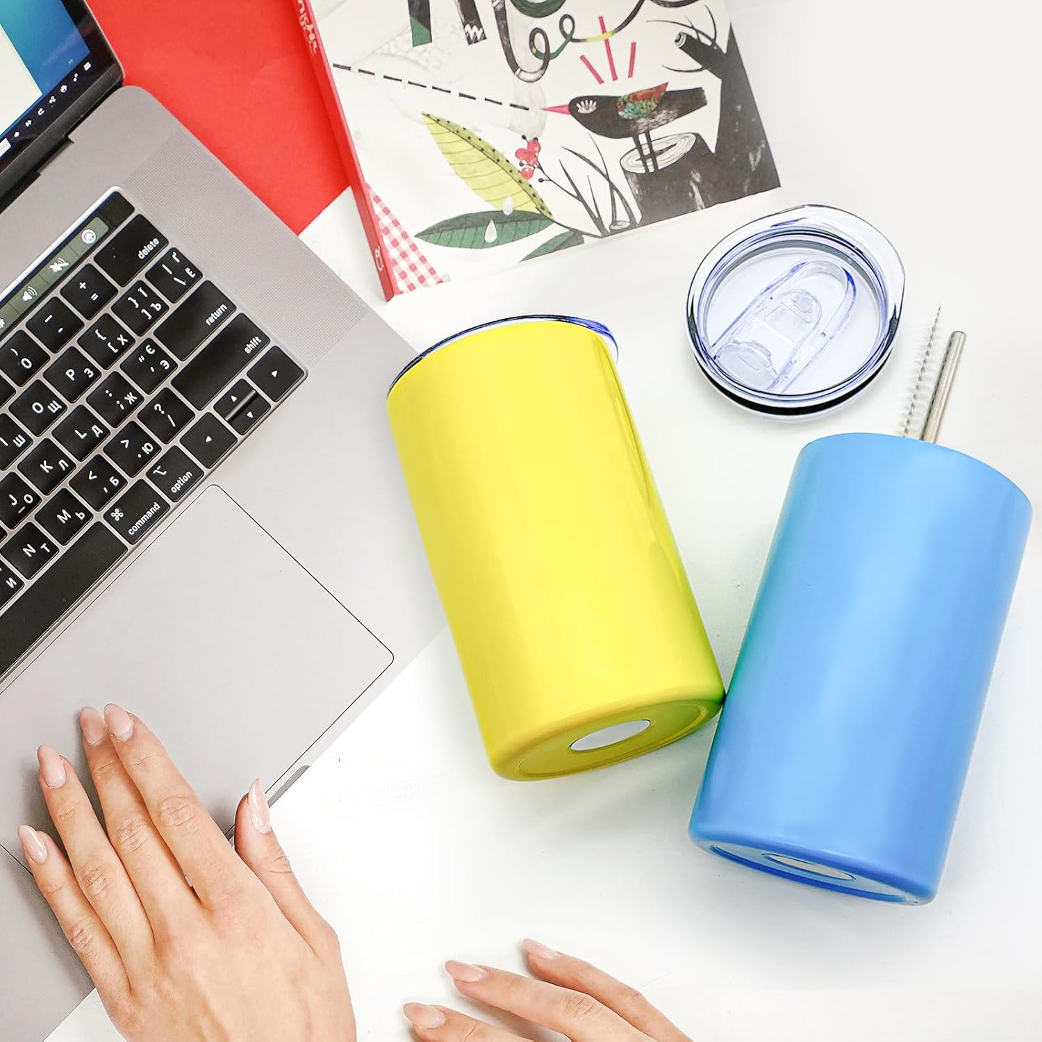 YOUKE OLA 16 Pack Stainless Steel Skinny Tumblers 12oz - Bulk Straight Double Wall Vacuum Insulated Tumbler with Lid and Straw for Travel, DIY, 16 Colors - Image 7