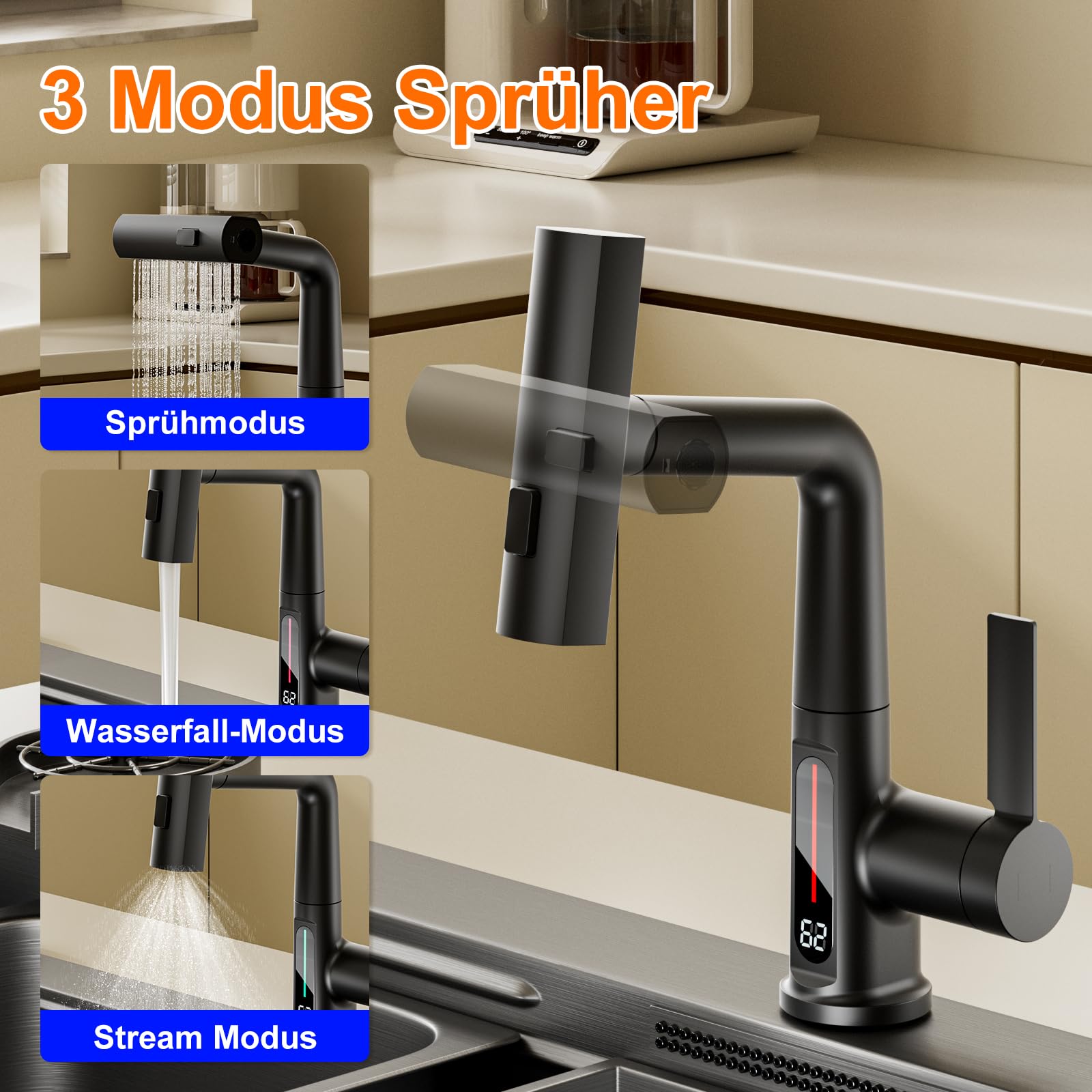 Wasserhahn Küche mit Brause Ausziehbar, 3 Modus Küchenarmatur mit LED Temperaturanzeige, Einhebel Mischbatterie 360° Drehbar Spültischarmatur Küche Armatur Hochdruck, Höhenverstellbar, Schwarz