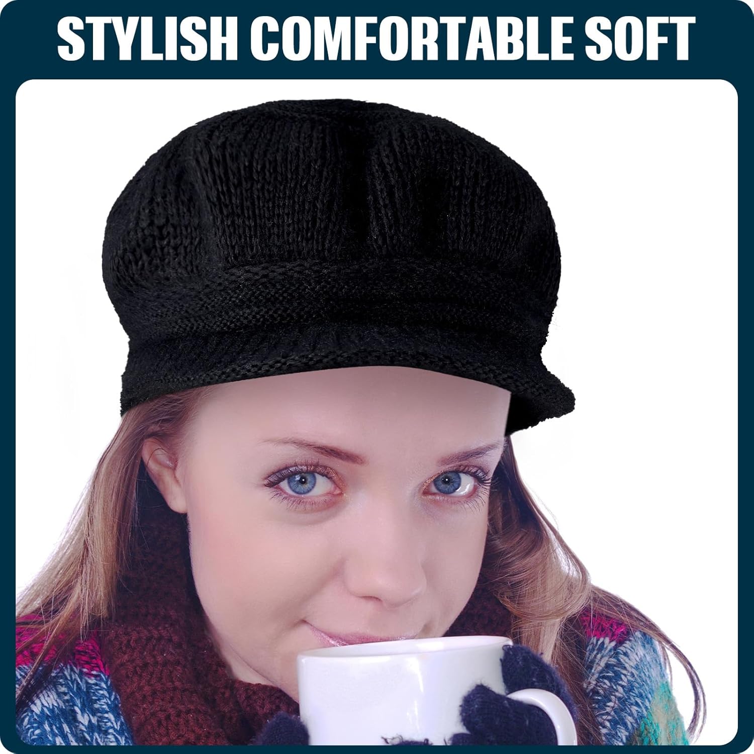 Mepase 3 Pieces Women Warm Hat for Winter Slouchy Beanie Cap with Visor Knitted Newsboy Hats for Women Ski Snow - Image 6