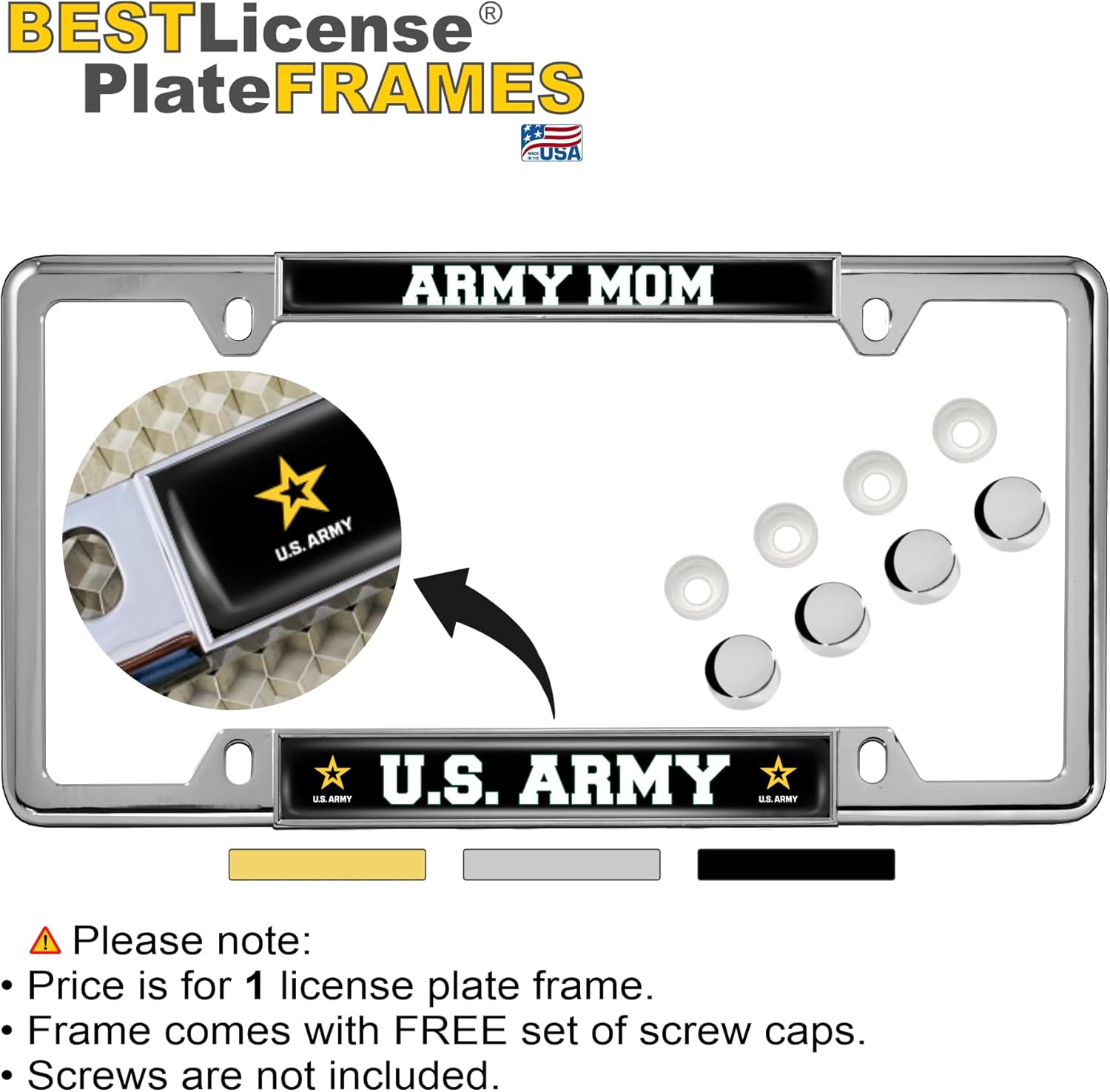 [Officially Licensed Product] - U.S. Army Mom with Star Logo - Domed Custom-Made Personalized Narrow (Thin) Top 4 Hole Metal Car License Plate Frame with Free caps - Chrome (Qty: 1 Frame)