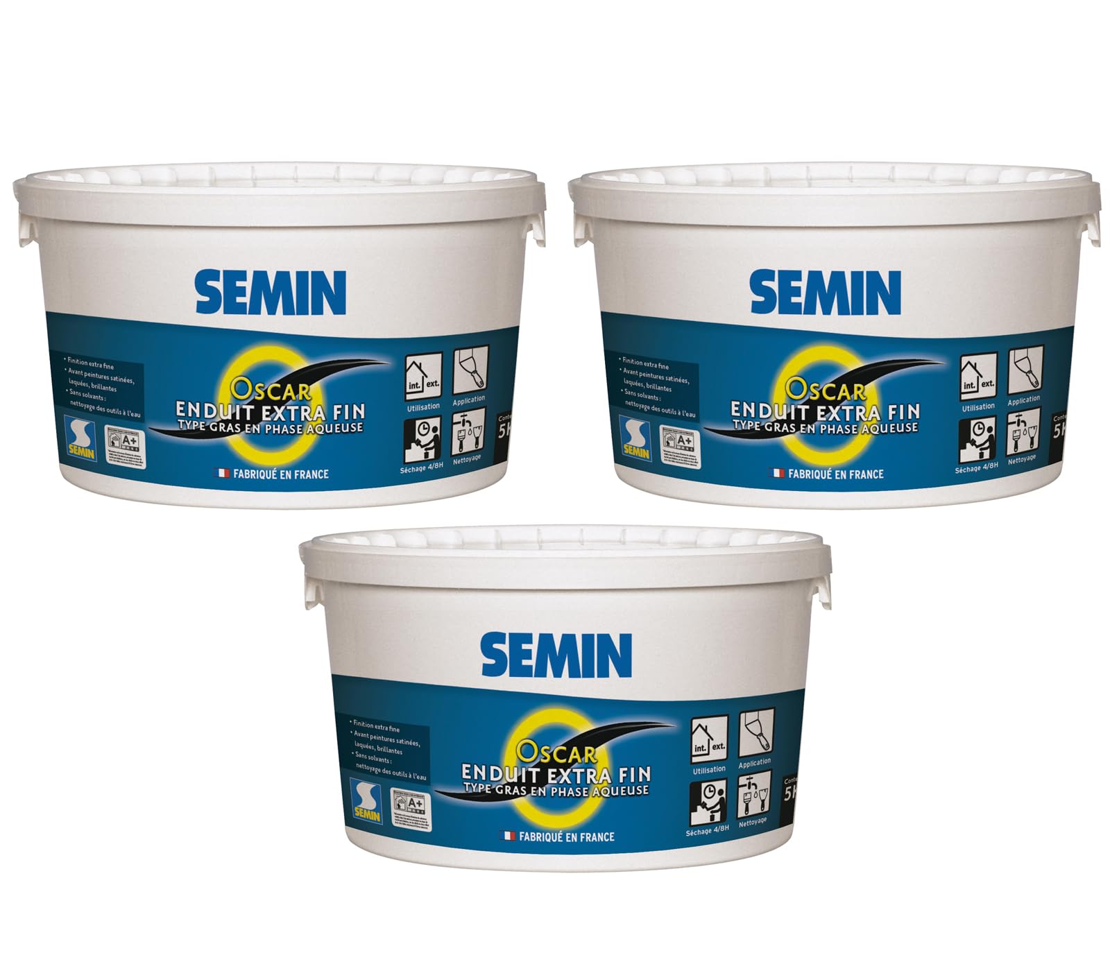 SEMIN OSCAR Enduit de Finition Extra Fin en Pâte– 3 X 5 kg – Prêt à l'Emploi – Intérieur & Extérieur – Lissage Ultra Fin Murs et Plafonds – Idéal Pièces Humides – Peinture & Papier Peint