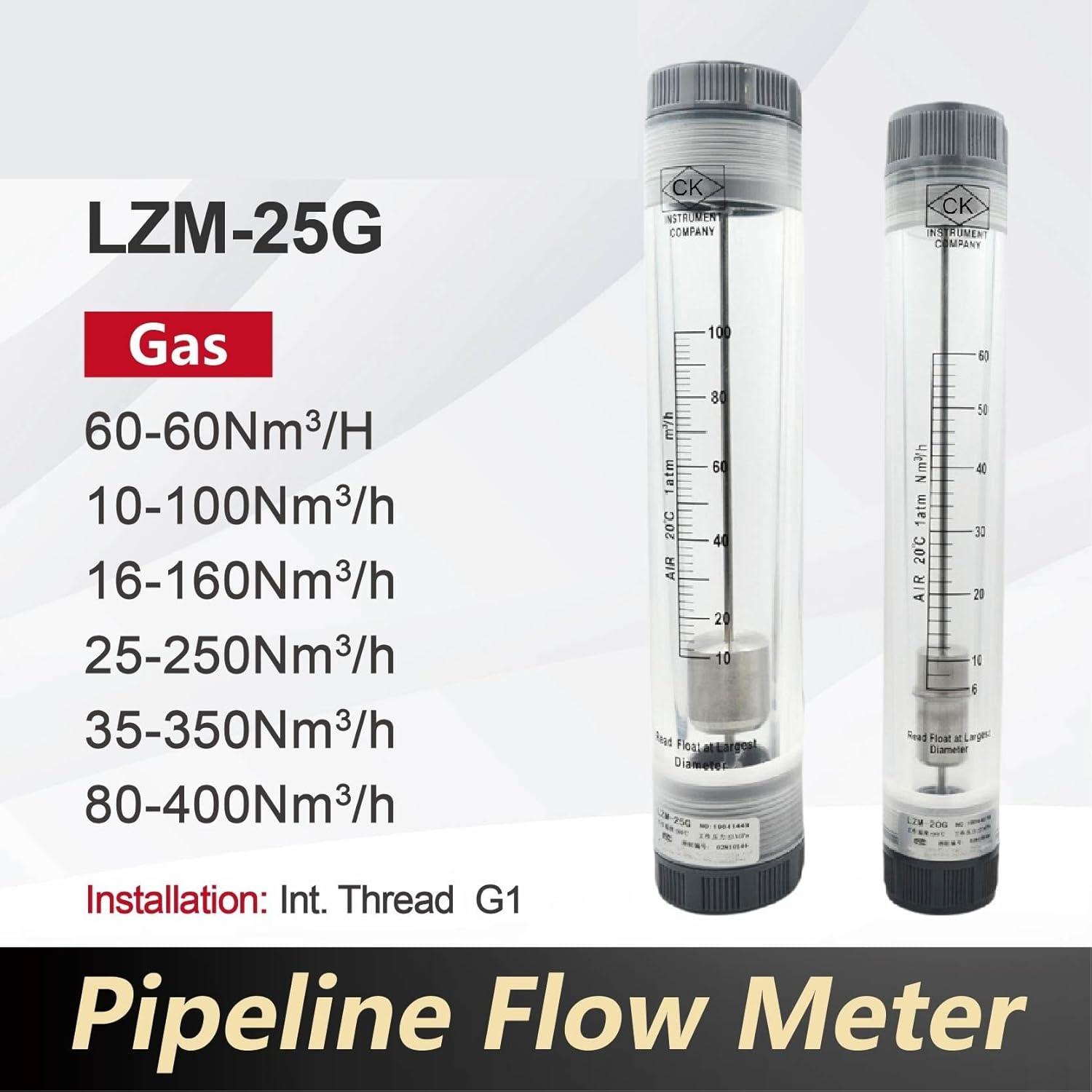 LZM-25G Gas Liquid Flow Meter G1 Inline 6‑400 Nm3/h 1‑60 GPM Acrylic Rotameter Compressed Air Pipe Plastic Tube Meter(3-30GPM-20-110LPM)
