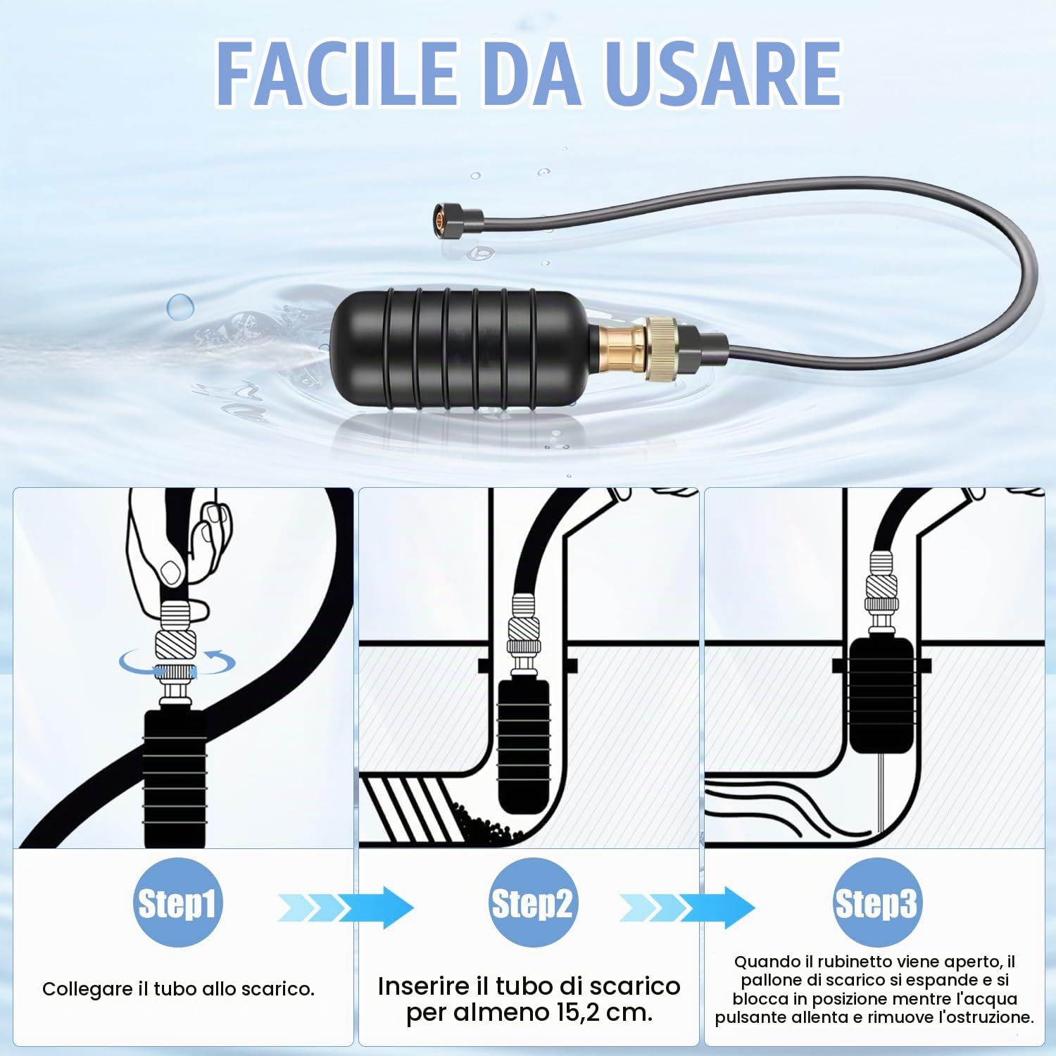 Tissting Kit di 3 Vesciche di Scarico,Sacca di Scarico per La Pulizia dello Scarico, in Gomma per Lavelli del Bagno,Doccia, Scarichi della Piscina Sblocca I Blocchi Ostinati nello Scarico Principale
