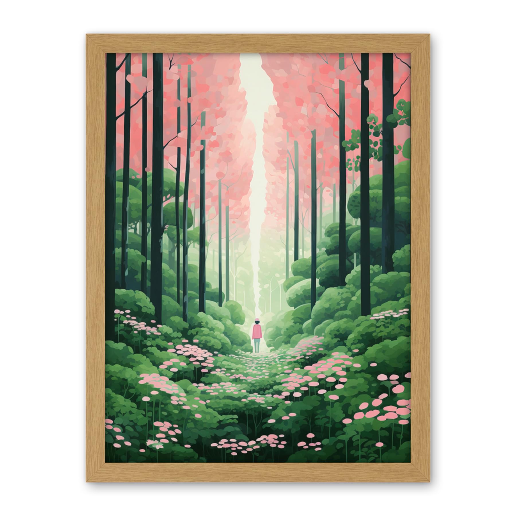 Artery8 Mount Yoshino Cherry Blossom Tree Forest Bright Artwork Baby Pink Green Walk in Nature Trail Artwork Framed Wall Art Print 18X24 Inch