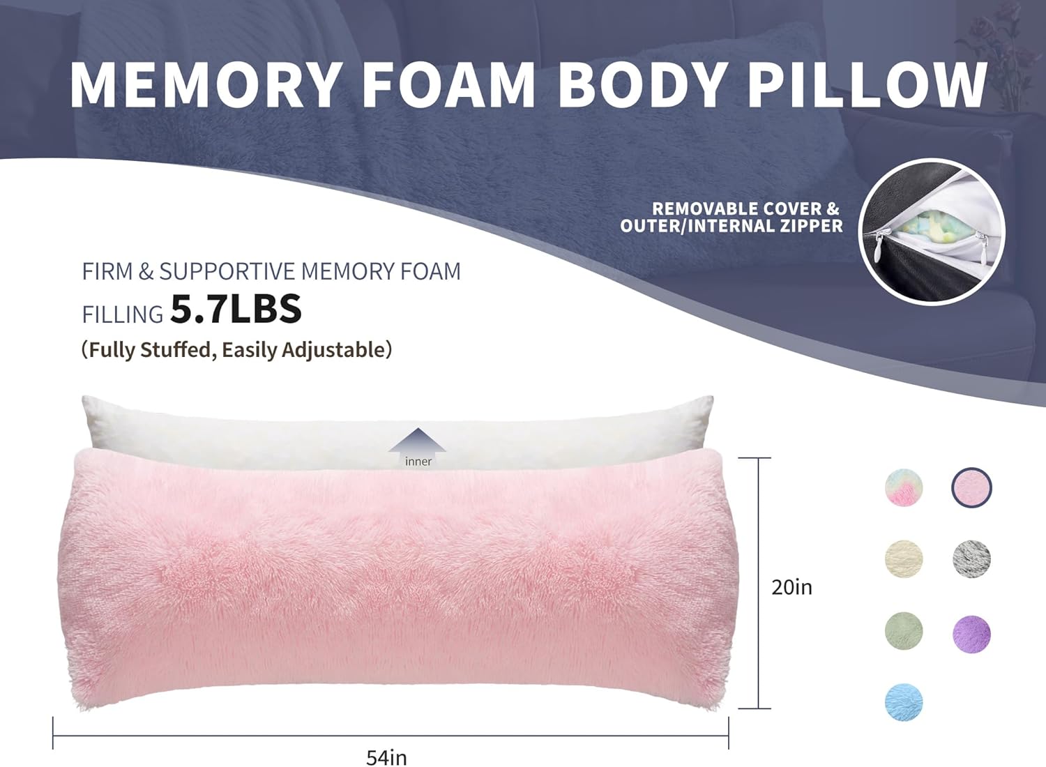 WSOFRLAC Knee Hip Pillow for Side Back Sleepers 20x54 Kids Pink Body Pillow Pillowcase with Memory Foam Pregnant Pillows for Sleeping King Size Body Bed Pillows Insert Machine Washable