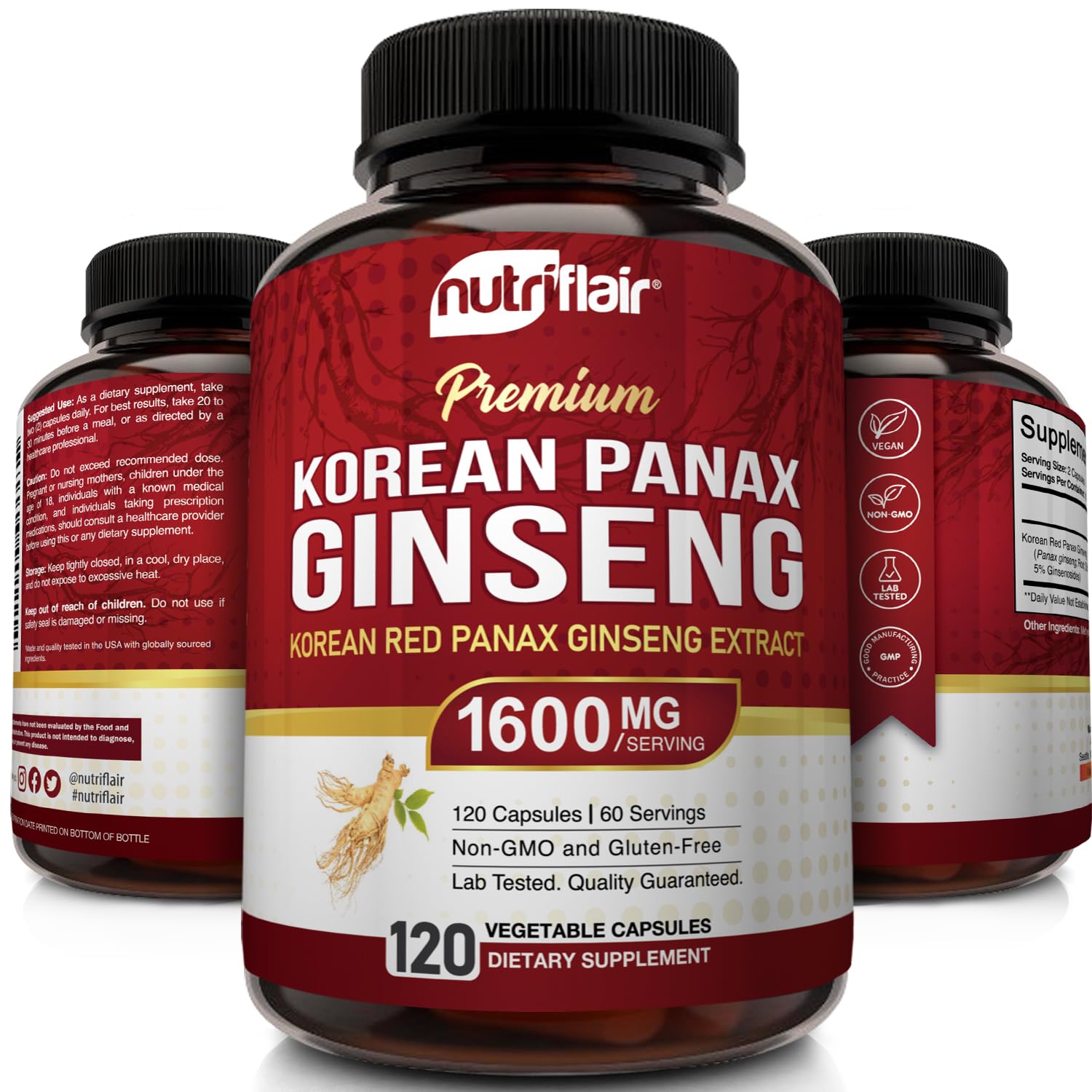 NutriFlair Korean Red Panax Ginseng 1600mg – 120 Vegan Capsules | 5% Ginsenosides | Non-GMO, Gluten-Free | Natural Energy & Focus Support | Made in USA — Amazon image 3
