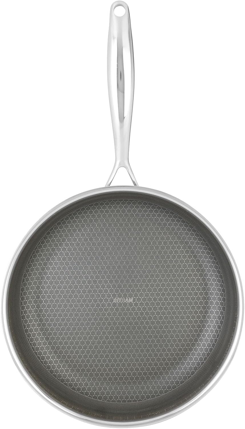 Sitram 715063 Triply Stainless Steel Frying Pan Diameter 20 cm - Honeycomb Coating - Non-Stick and Scratch-Resistant - PFOA-Free - Suitable for All Heat Sources Including Induction