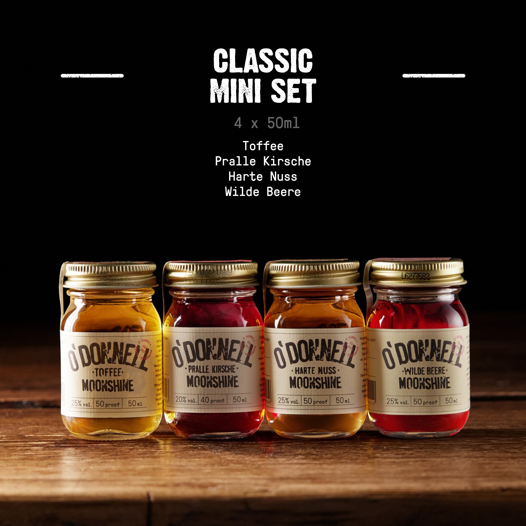 O'Donnell Moonshine Geschenkset (Classic) Made in Berlin - 4x Premium Likör in Original Mason Jars (mini) – Geschenke für Männer & kleine Weihnachtsgeschenke – Probierset Whiskey & Schnaps Liebhaber