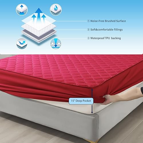 Miniatura 3 de Protector de colchón impermeable - Funda de colchón tamaño Queen silenciosa y estilo sábana ajustada Protección completa para cama tamaño Queen