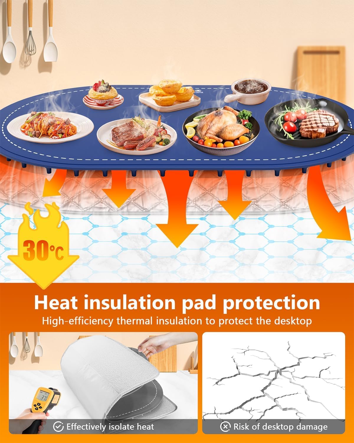 Food Warming Mat for Table & Buffet, Fast Heating Serving Tray with Adjustable Temperature & Timer, Foldable Silicone Heating Mat for Family Meals, Parties & Holiday Hosting - Image 2