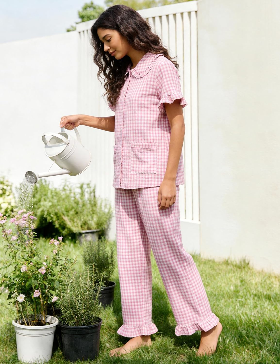 Flygo Gingham Pajama Sets for Women 2 Piece Lounge Set Button Down Cotton Babydoll Shirts Long Plaid Pants Y2K Pjs Sleepwear - Image 4