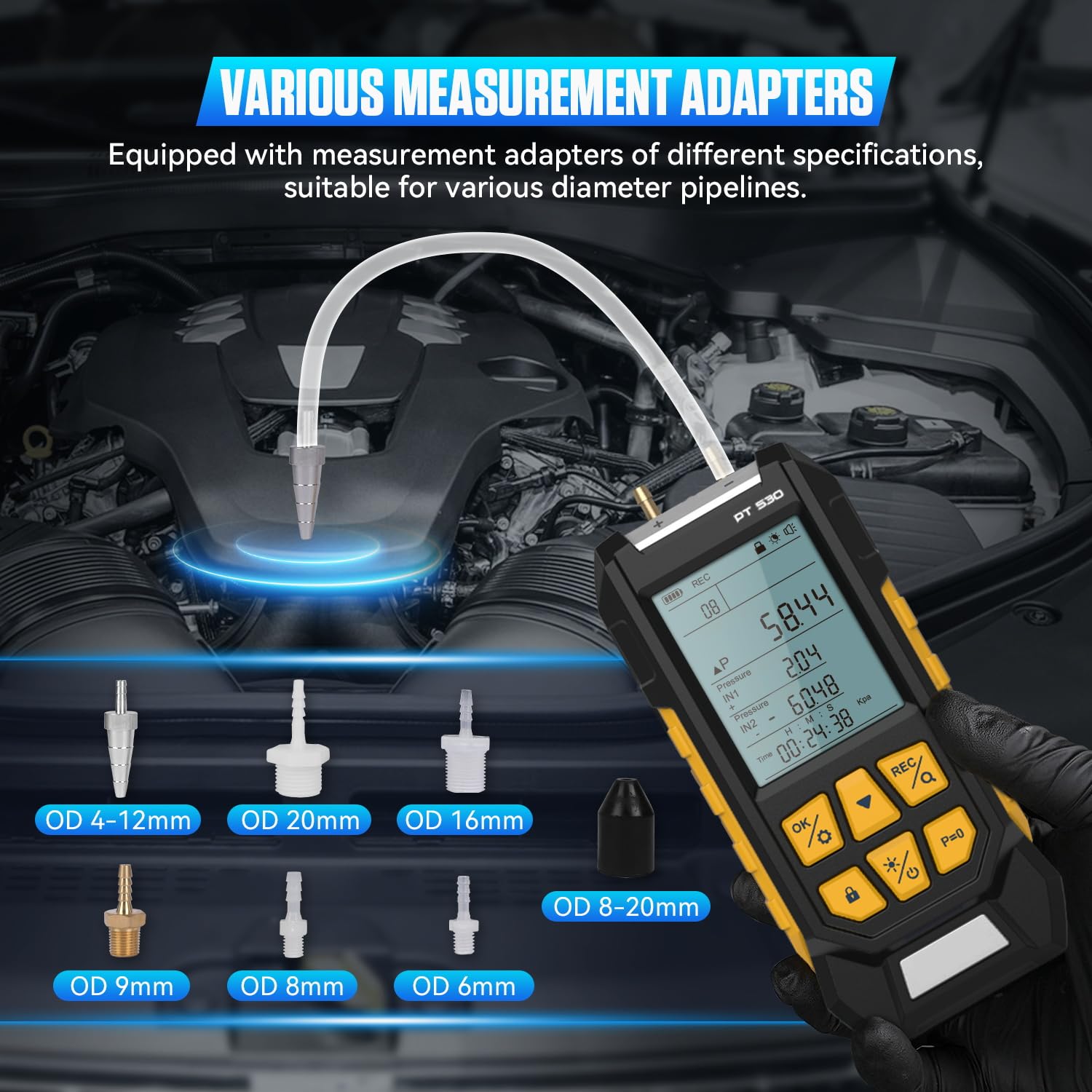 PT530 Manómetro de presión de gas, manómetro digital, manómetro digital de doble diferencial, rango de medición de -100 a 300 Kpa, 10 unidades de presión, bloqueo de datos, almacenamiento y