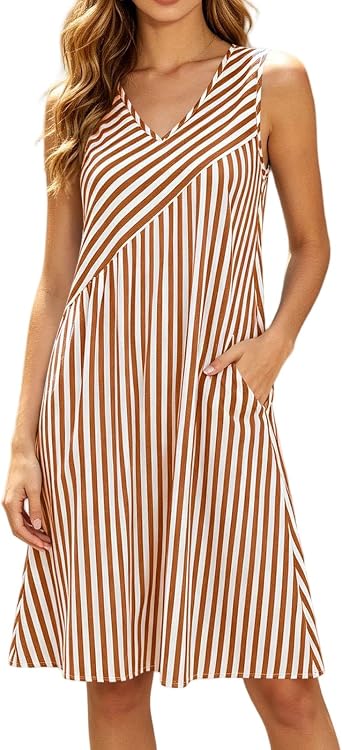 wodceeke Women Summer Midi Dress V-Neck Sleeveless Striped Sundress Ladies Casual A-Line Dresses with Pockets