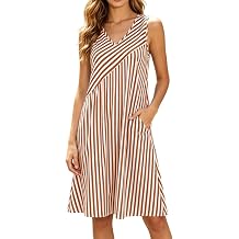 wodceeke Women Summer Midi Dress V-Neck Sleeveless Striped Sundress Ladies Casual A-Line Dresses with Pockets