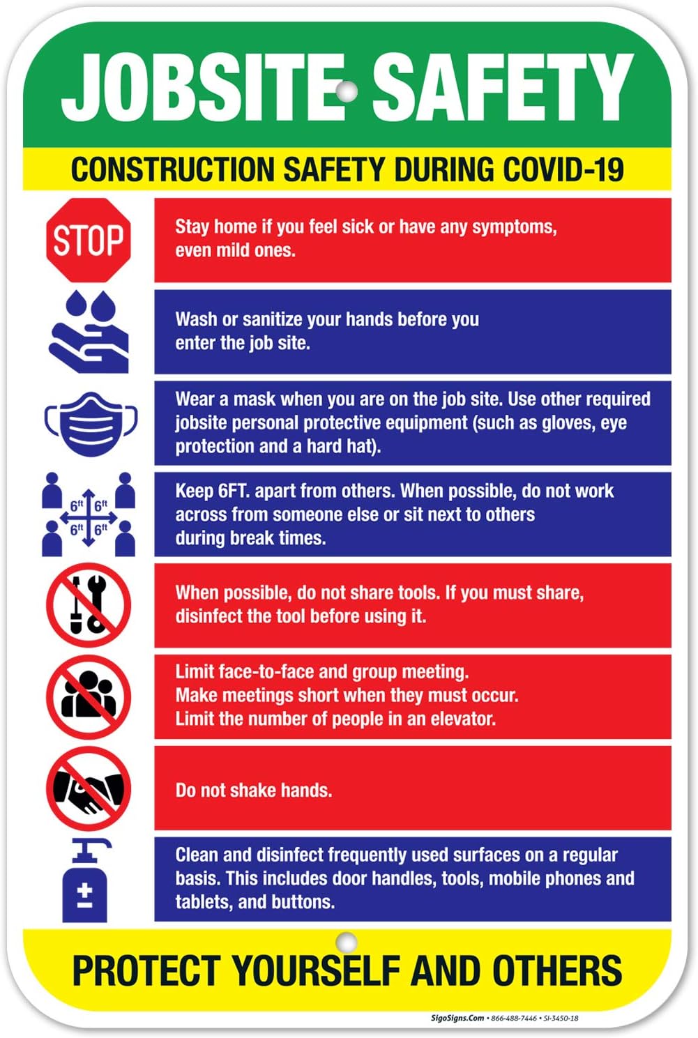 Construction Social Distancing Sign, Jobsite Safety Covid 19 Rules Sign, 12x18 Inches, Rust Free .063 Aluminum, Fade Resistant, Made in USA