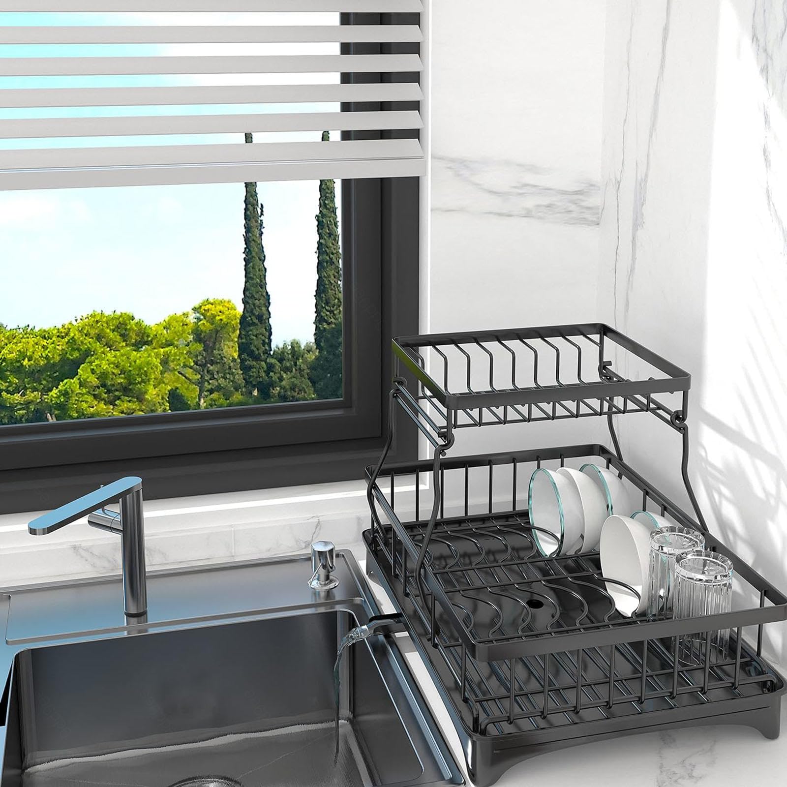 Escurridor de platos grande, juego de secado de platos de 2 niveles con escurridor, coladores de platos negros con cubiertos y portavasos, para una organización óptima en la encimera de la cocina