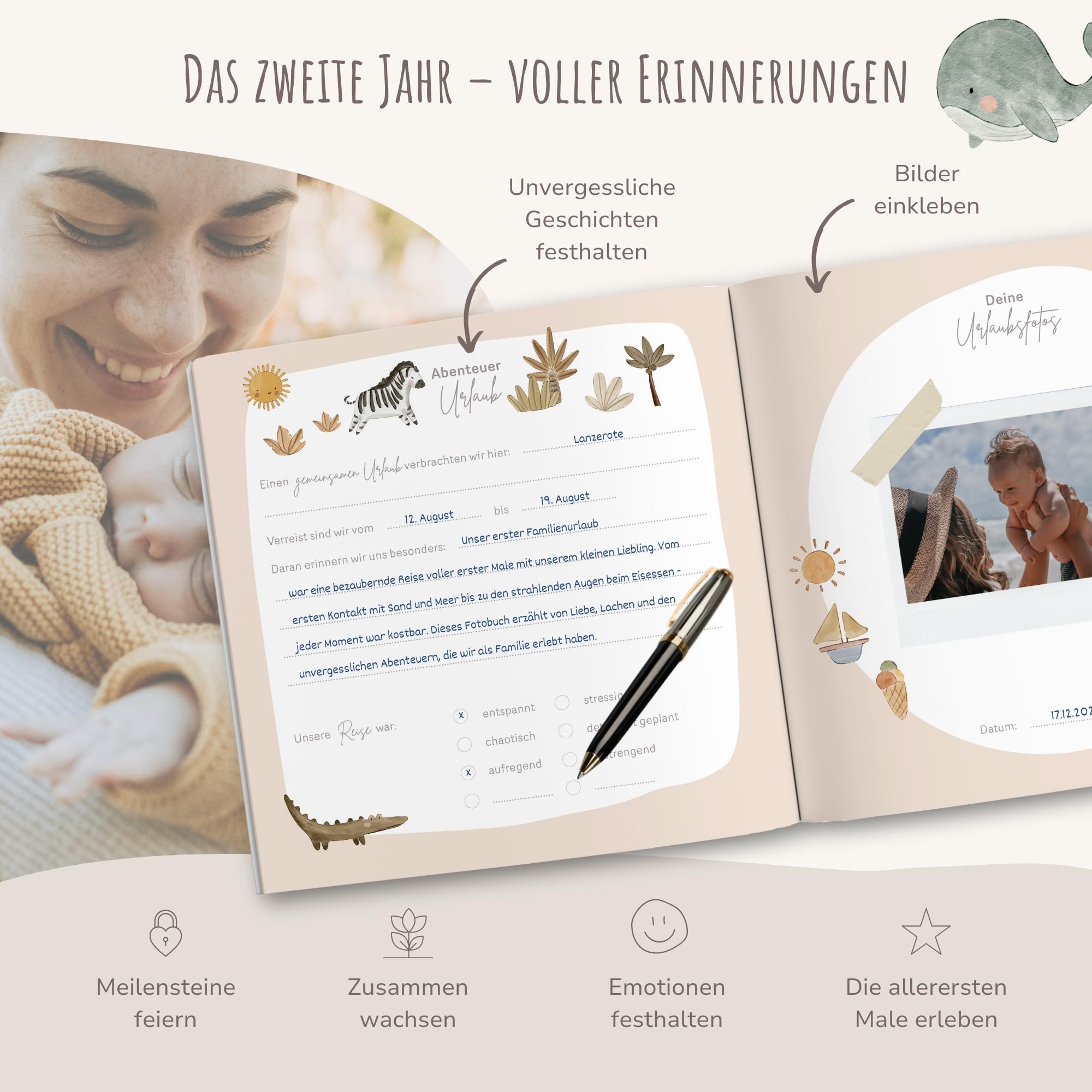 MeinBaby123® Babyalbum Dein 2tes Jahr hochwertig vergoldet | Geschenk erster Geburtstag | Geschenkt 1. Geburtstag | Meilensteine im zweiten Lebensjahr (beige)