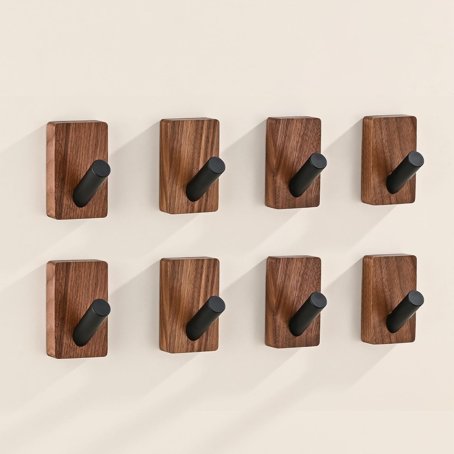 8 Pack Wooden Wall Hooks for Hanging, Adhesive Mounted & Wall Mounted Boho Decorative Walnut Wood Coat Hooks for Towel Clothes Blanket Hat Backpack Robe Nursery Door Board Entryway Key Holder