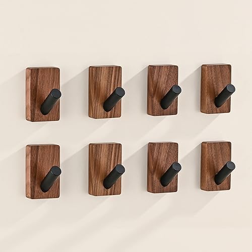 Miniatura 9 de Paquete de 4 Ganchos de Pared de Madera para Colgar, Montaje Adhesivo y Montaje en Pared, Ganchos Decorativos Boho de Madera de Nogal para Abrigos