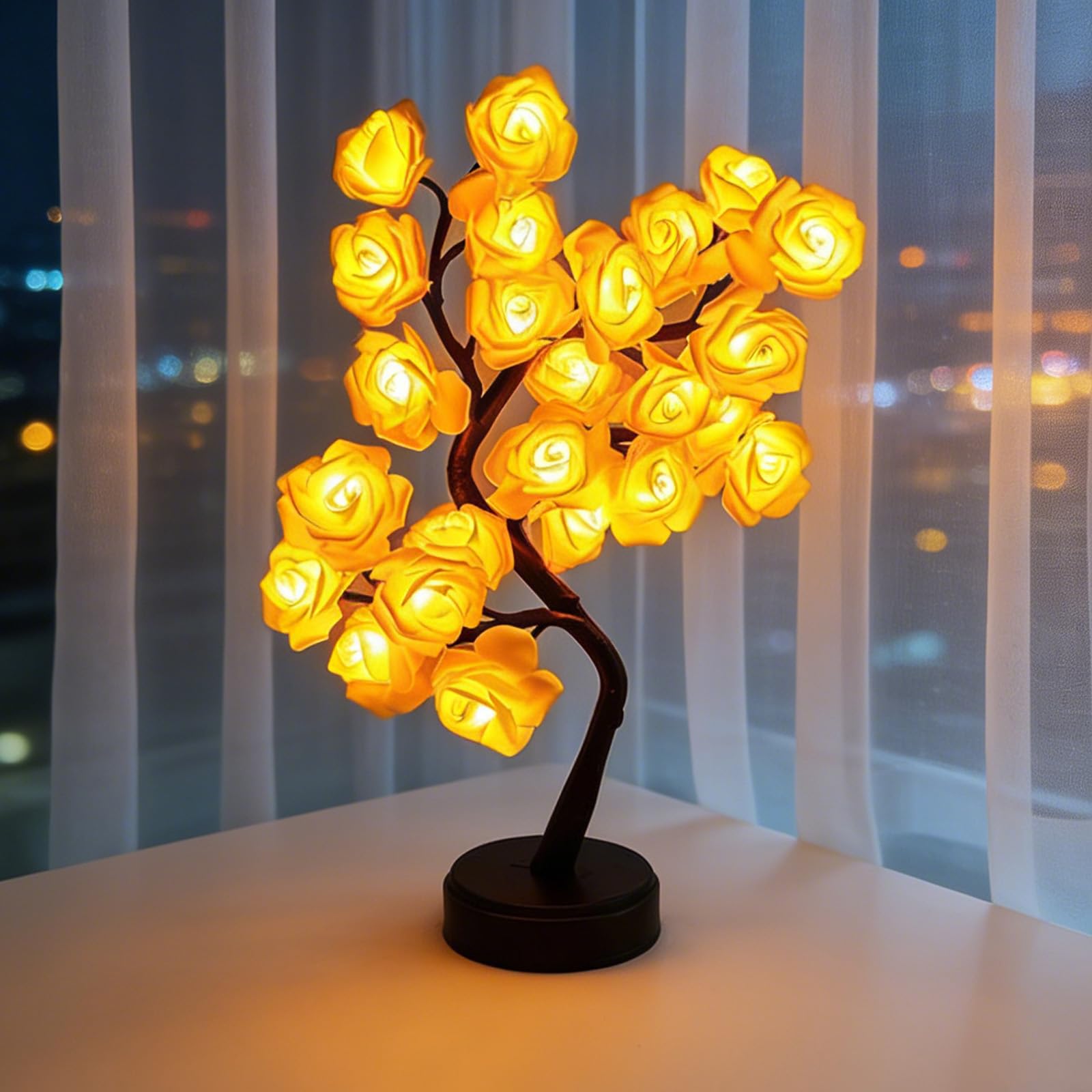 AWSOLAR 24 Lights Yellow Rose Tree Lamp, Warm Flower Tree Light