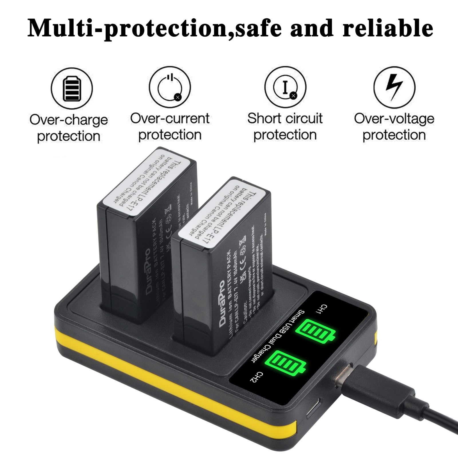 DuraPro Lot 2 Batteries LP-E17 + Double Chargeur LCD USB-C – Compatible Canon EOS 200D 750D 800D M50 Etc.
