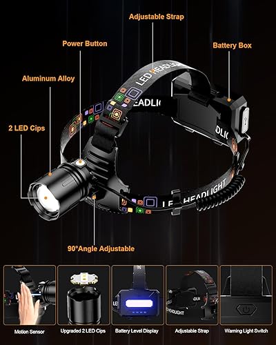 Miniatura 4 de SKYFIRE Linterna frontal recargable de alto lúmenes, sensor de movimiento de 7500 mAh, luz LED con zoom, 13 modos, 90 ajustable, IPX6 impermeable