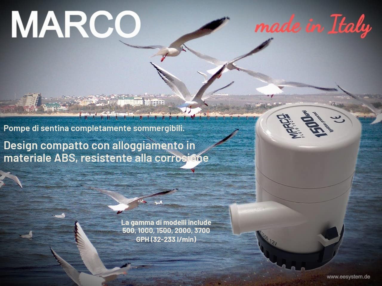 MARCO Pompa di sentina UP500 12V 32l/min, pompa di sentina prodotta in Italia