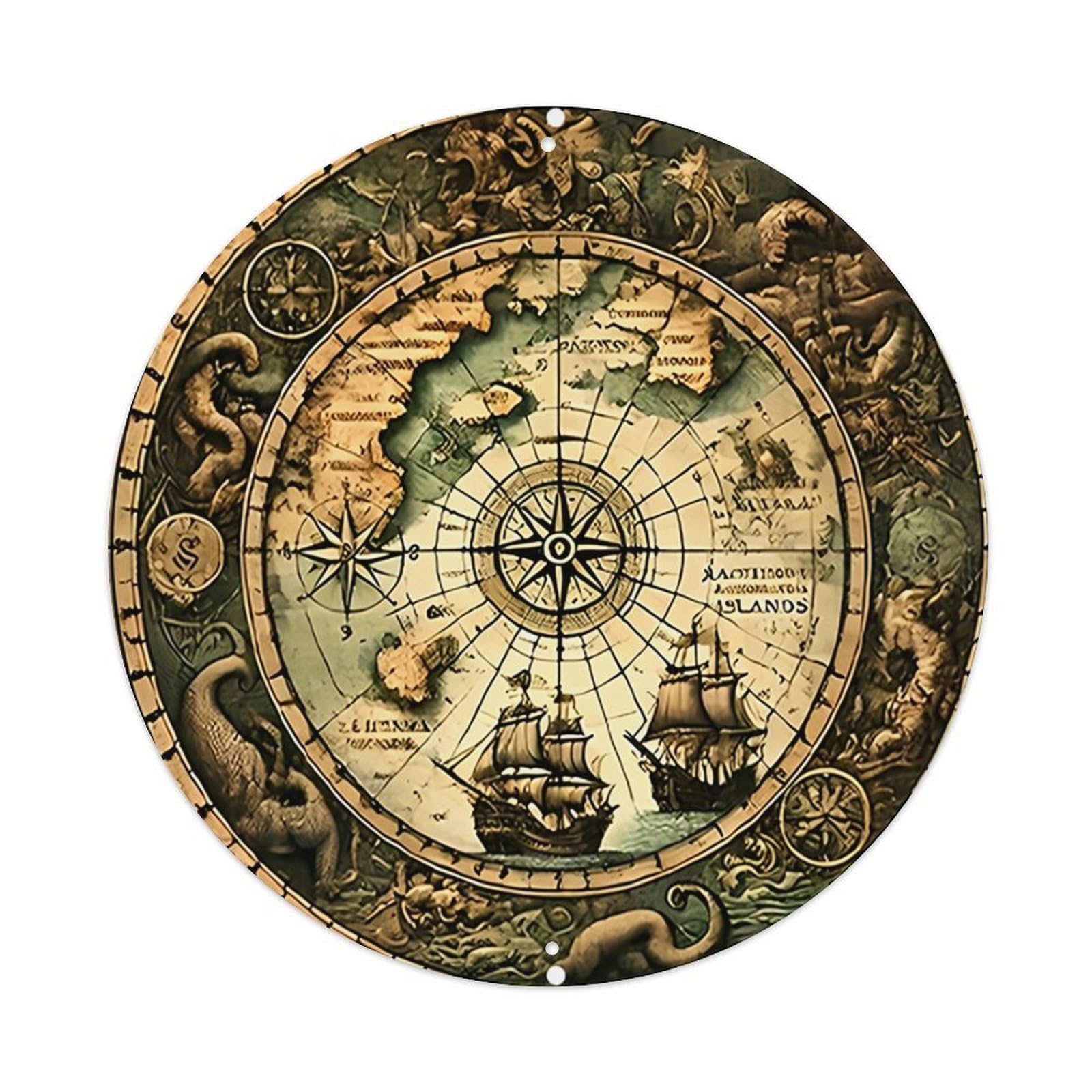 Antique Map Compass Nautical Sea Creatures Metal Tin Sign Plaque