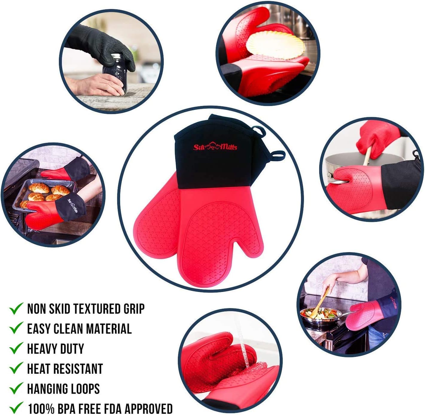 Silicone Oven Mitts Heat Resistant 500 Degrees - 2 Extra Long Silicone Oven Mitt Pot Holders - Food Safe Oven Gloves - BPA Free - Soft Inner Lining - (Red) - Frux Sili Mitts