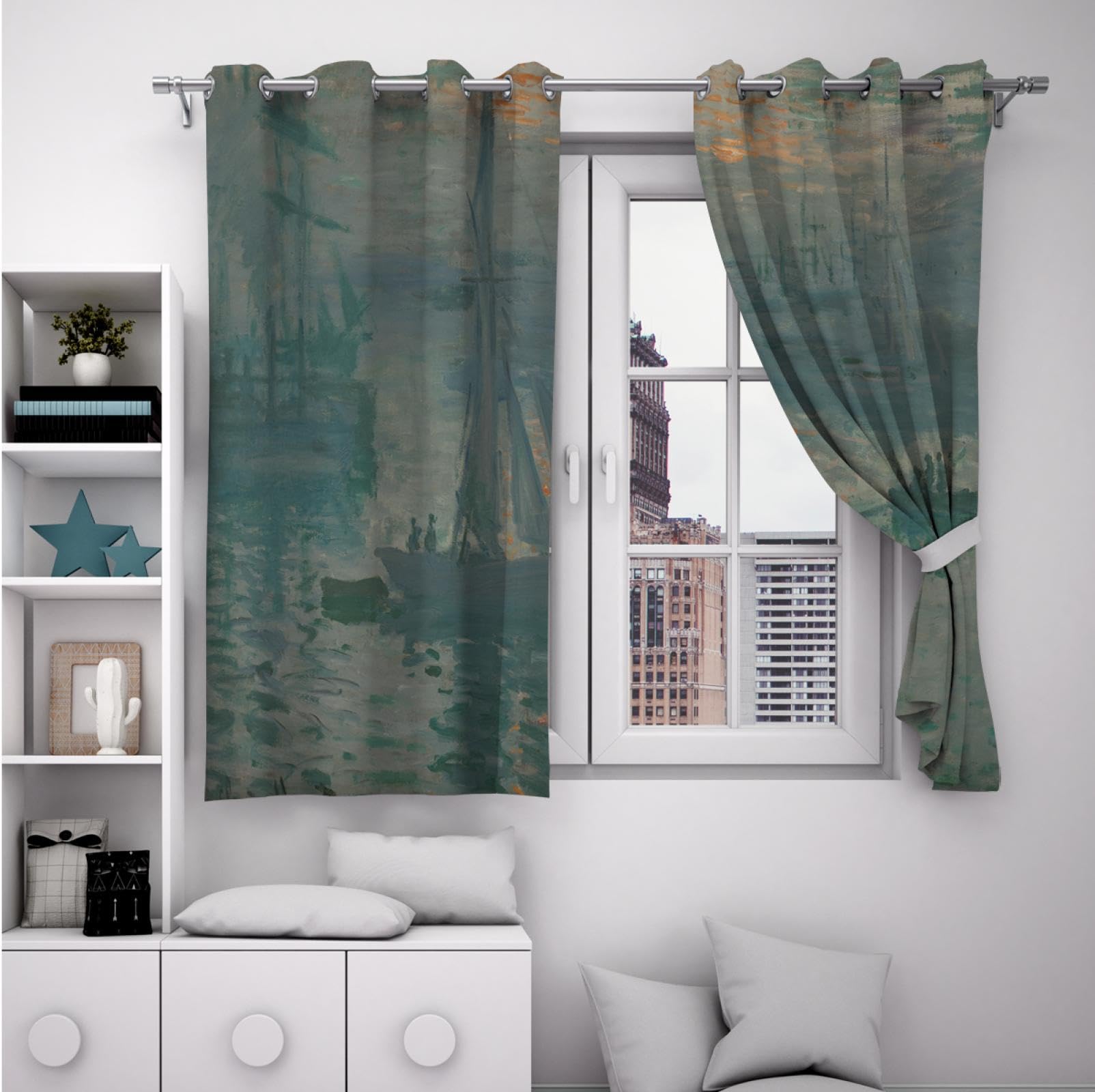 PARREN Flur Verdunkelungsvorhänge für Wohnzimmer Schlafzimmer Schiffe auf dem Meer Muster Druck Vorhänge Fensterbehandlung Vorhänge Claude Mone Grün 80x120cm