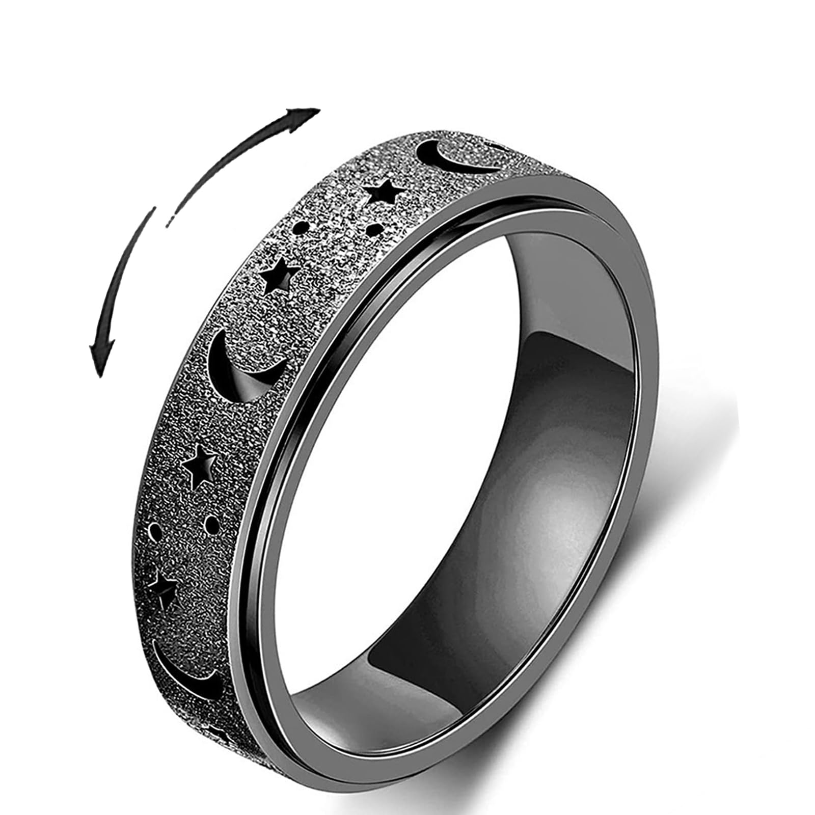 Zhaohyjianm Fidget Ring for Anxiety Relief - Stainless Steel Spinner Ring with Moon & Star, Stress Relief Calm Ring for Women & Men, Smooth Roller Fidget Band Ring (Black, 7) — image 1