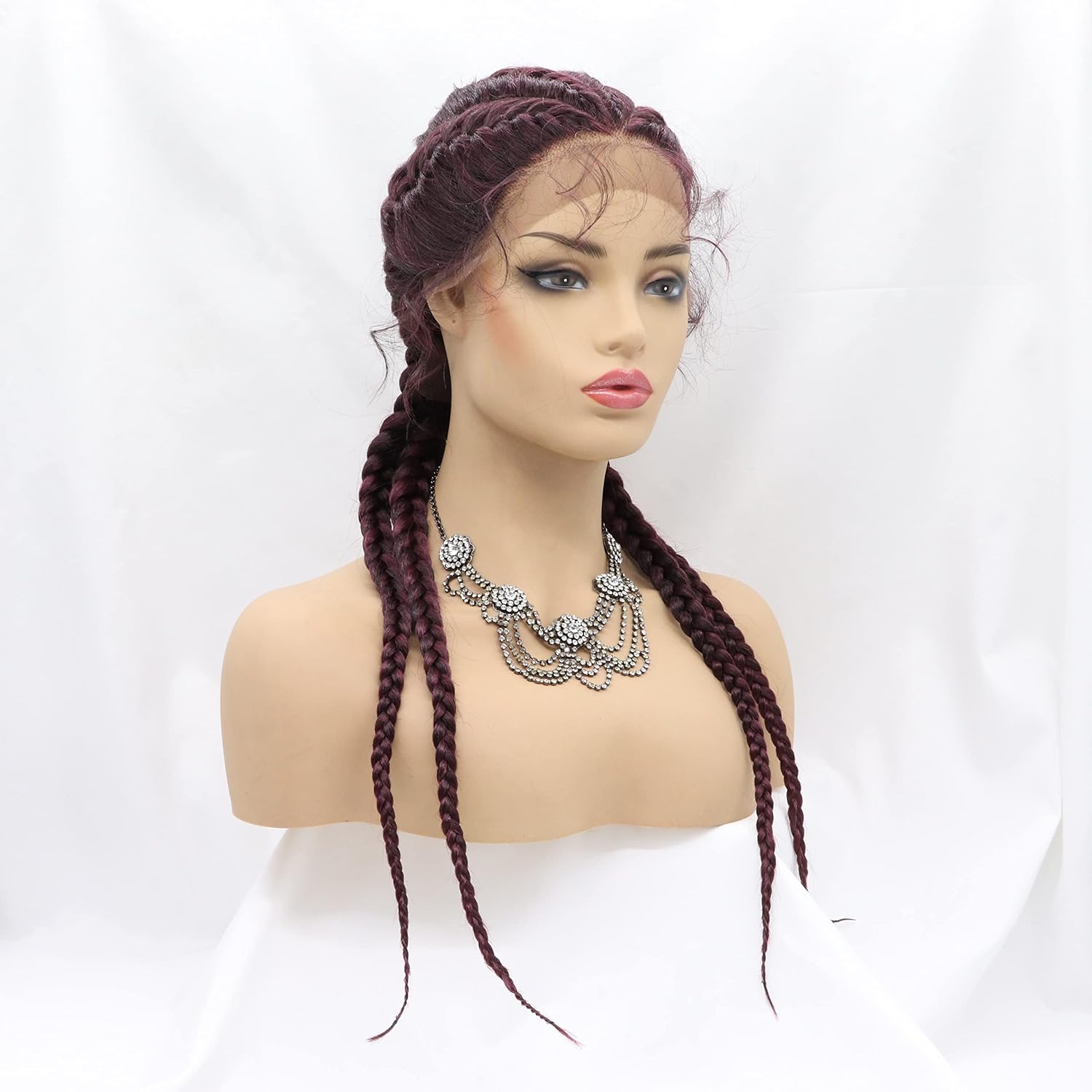 Sylvia Natural Burgundy 99J Braided Wig 4/2Twist Dutch Wine Red Braids Lace Front Wig with Baby Hairs 100% Hand Braid Wig Burgundy Afro Wig Copper Red Cornrow Braiding for women 32inch Super Long Wig…