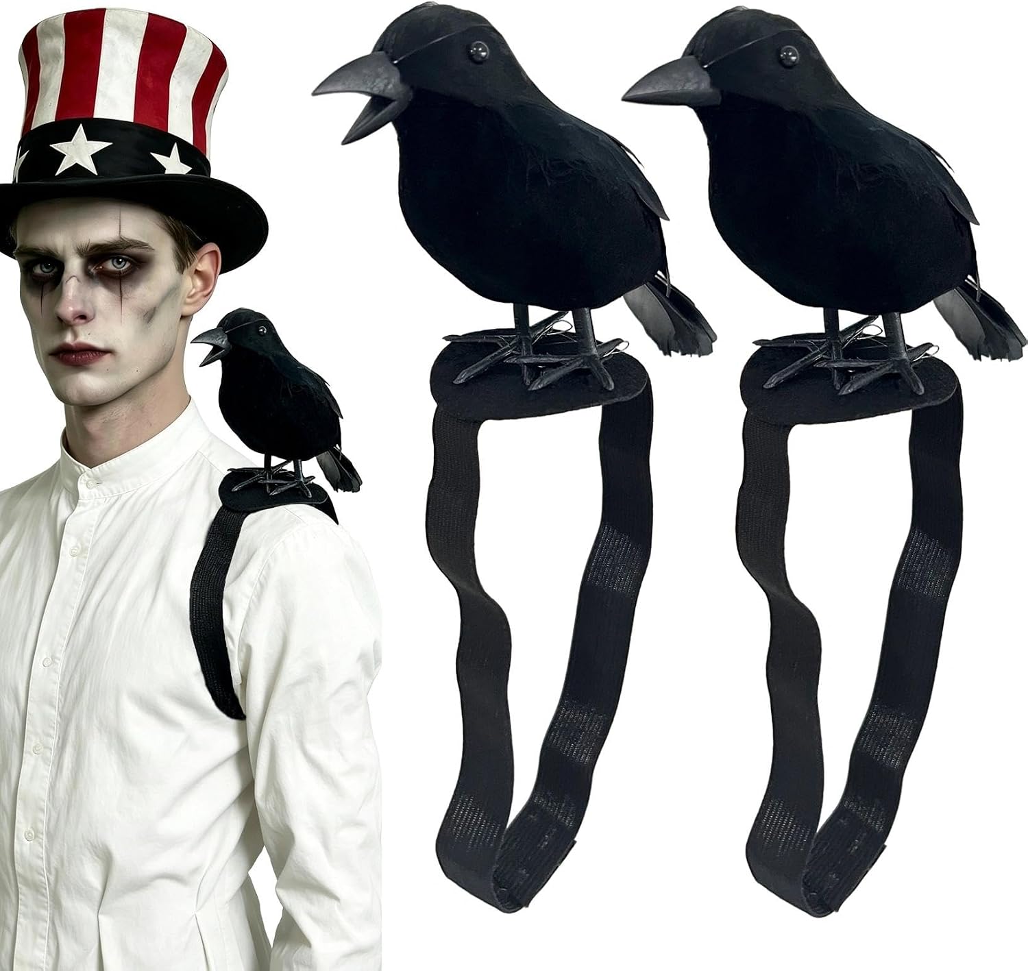 2-Pack Fake Black Crows, Birds Accessories Small Feather Shoulder Ravens Gothic Costume with Straps Pins for Cosplay Party