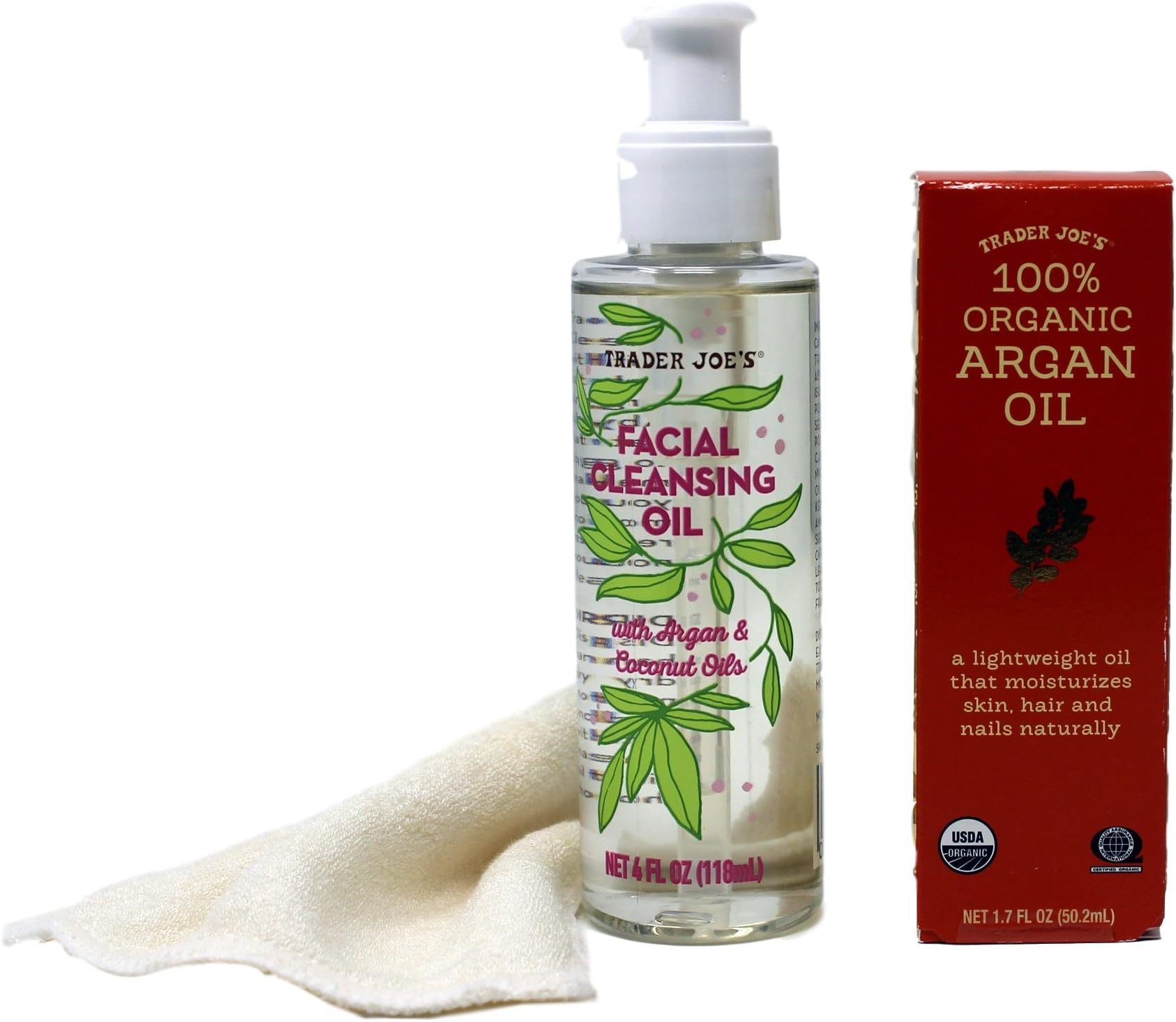 Trader Joes Organic Argan Oil and Facial Cleansing oil with Argan Oil and Coconut Oils includes an ultra soft bamboo washcloth