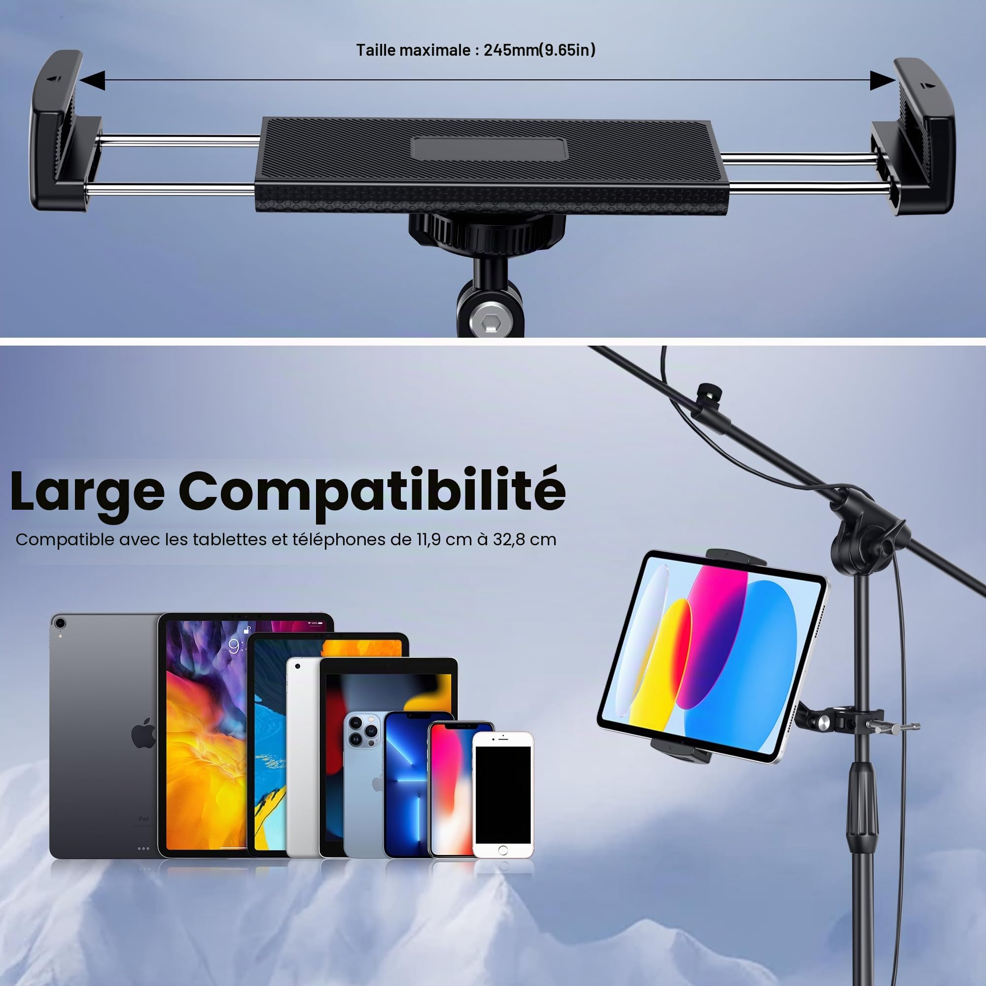 CreaDream support pour microphone et téléphone, tablette en aluminium compatible 4,7 à 12,9 pouces