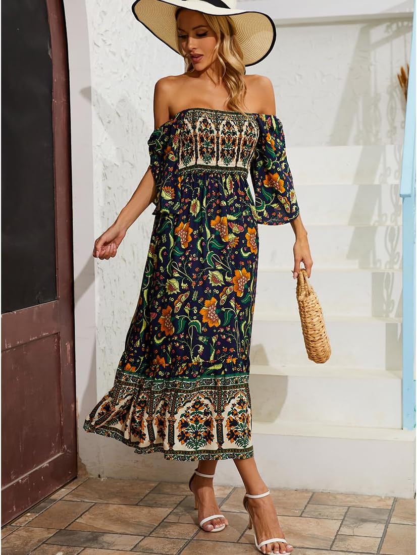 Women's Long Maxi Dress Sexy Off Shoulder Floral Dress Ruffle Short Sleeve Smocked Flowy A Line Boho Dress