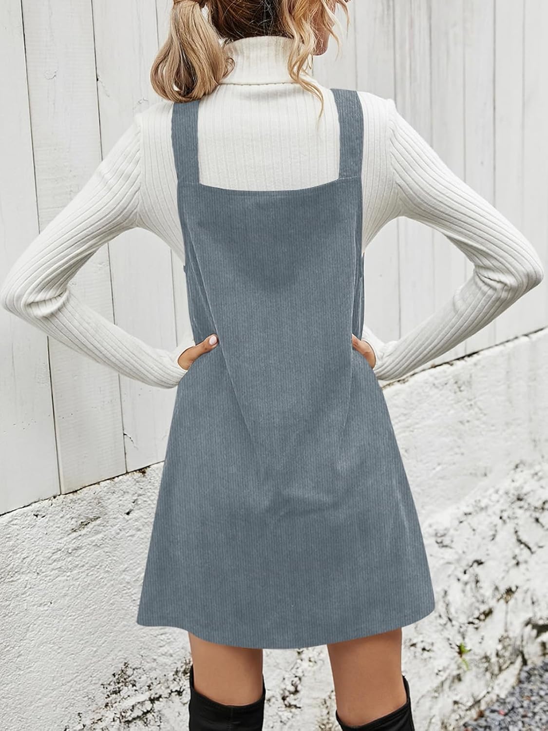 Koinshha Women V Neck Corduroy Overall Dress Casual Loose Short Pinafore Dresses Cute Mini Jumper Dress - Image 4