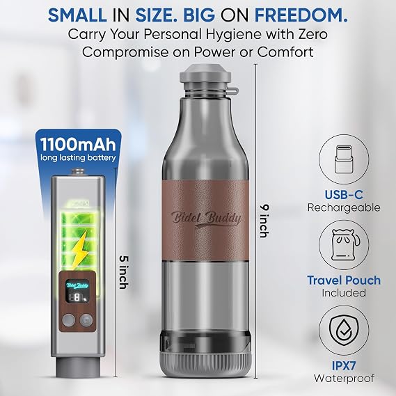 BIDET BUDDY Evolv Portable Bidet for Travel 530ml Bottle, Self-Cleaning Retractable Nozzle, 1100mAh Rechargeable, USB C Charging, IPX7 Waterproof with LED Display, 3 Water Flow Modes - Silver