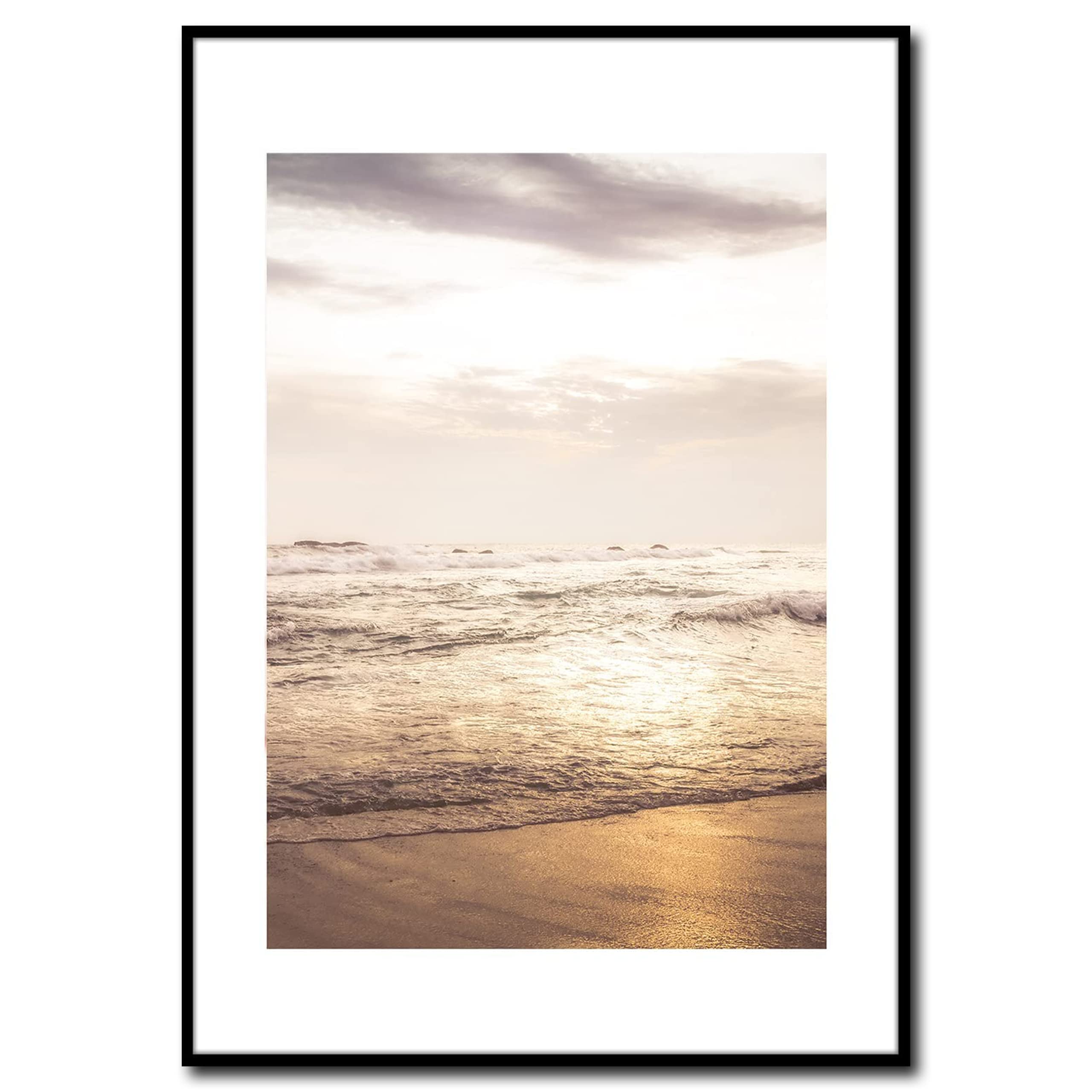 Rahmenbild Gold Coast | Artbox Wandbild | Bild mit Rahmen schwarz | Meer Strand Urlaub Sonnenuntergang Sonne Himmel Sand Wellen Küste | Wohnzimmer Schlafzimmer Büro | orange blau weiß | 50 x 70 cm