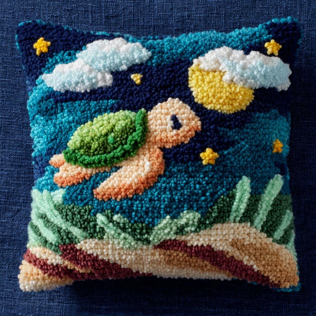 WallustrioaW Latch Hook Pillow Kit -Turtles Embroidery Art Craft Kit - All Ages - Unisex - 43X43Cm