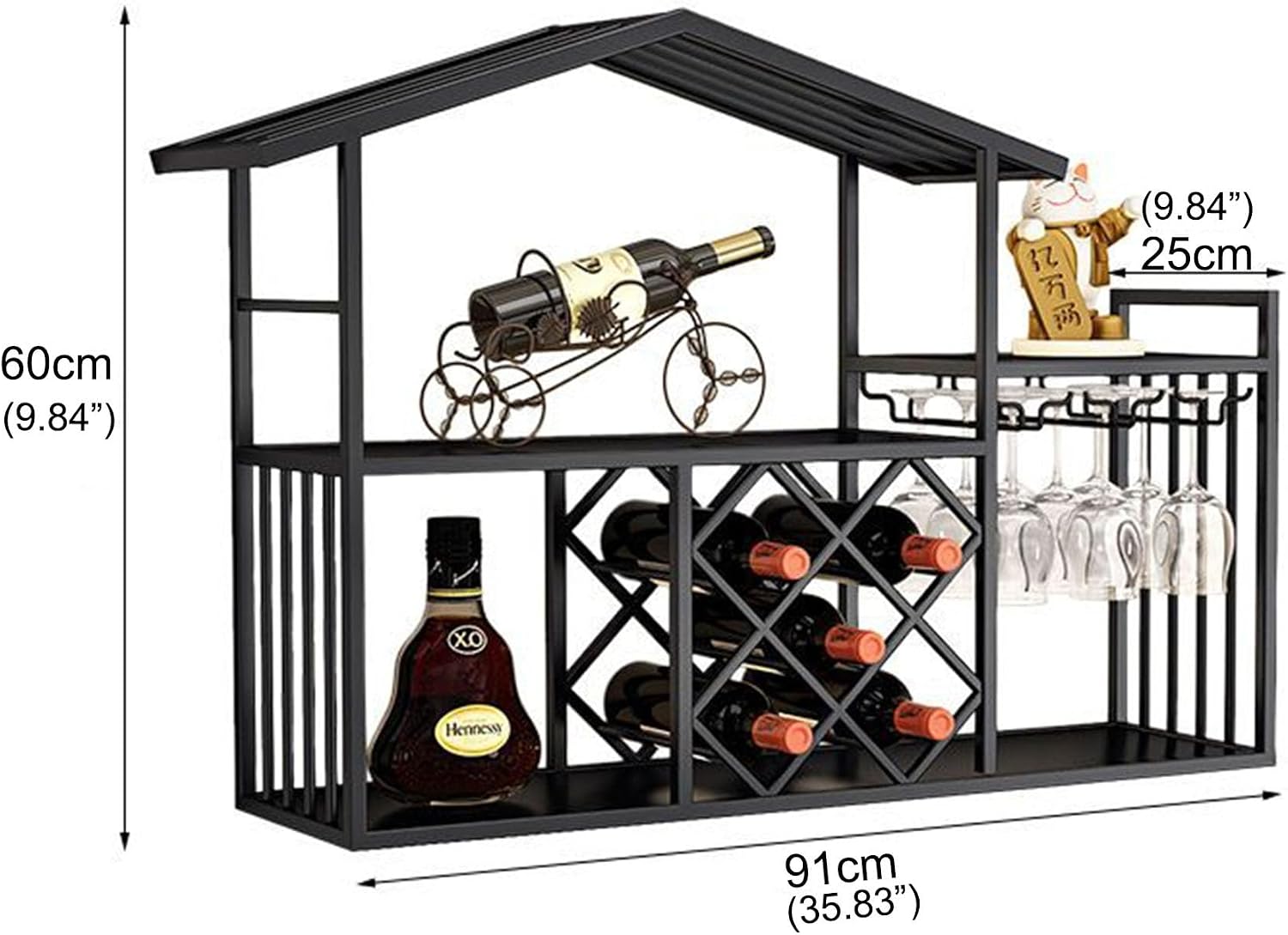 Wall Wine Rack Bar Shelves Liquor Shelf Wall Mounted Racks for Wine Bottles with Hanging Wine Glass Holder Rack Floating Mini Bar Liquor Bottle Display Shelf for Home Bar Dining Room Kitchen(Black)