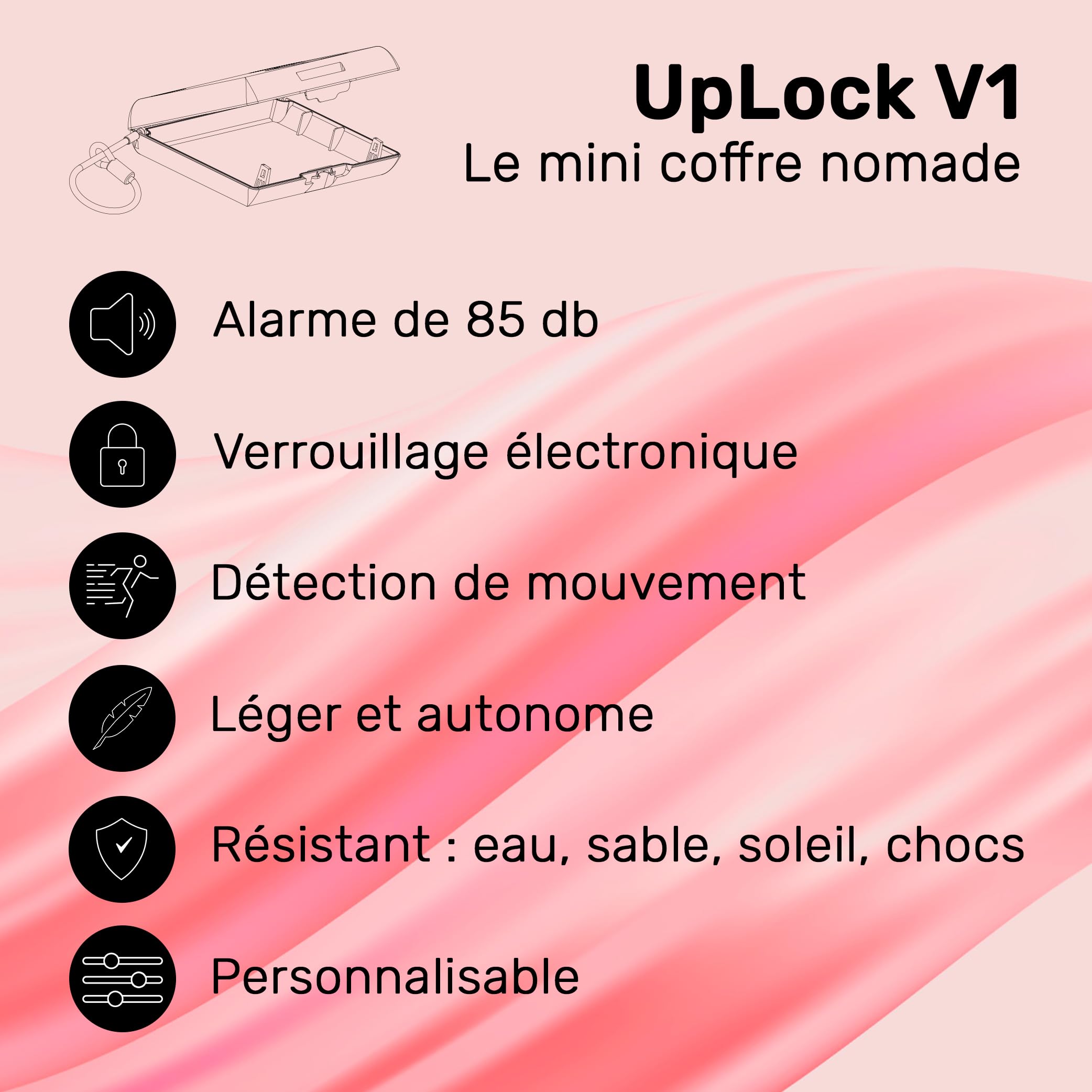 UpLock V1 : Mini coffre fort portable avec verrouillage interne et alarme, coffre nomade pour sécuriser vos objets en voyage : camping, hôtel, au bureau, à la maison, coworking etc…