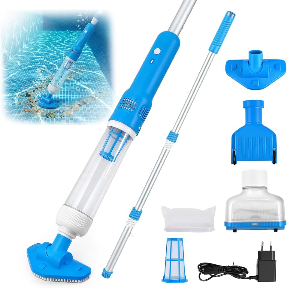 Aspirador Piscina Bateria, 3 en 1 Limpiafondos para Piscina Inalámbrica con Mango Telescópico, Aspiradora Manual para SPA, Piscina Pequeñas, 70 Minutos Limpieza