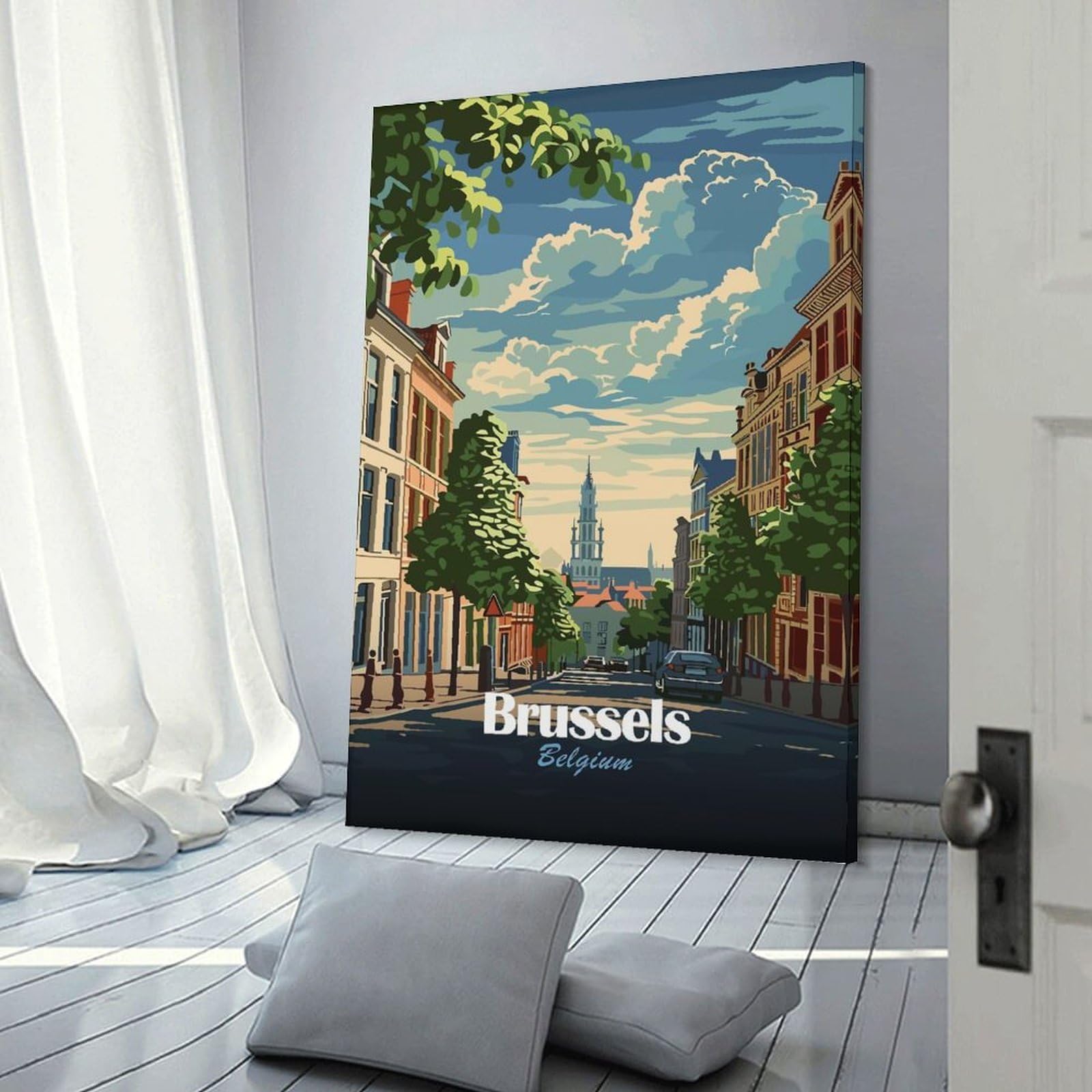 Junmoney Hanging Wall Art Brussels, Belgium Cityscape Illustration, 24x36inch(60x90cm), for Wall Displays, Bedrooms Or Room Updates, Wall Decor Suited to Curated Displays