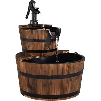 FANTASK Wooden Fountain Diameter 44.5 cm Garden Fountain Wooden Fountain with Water Pump Wooden Barrel for Garden