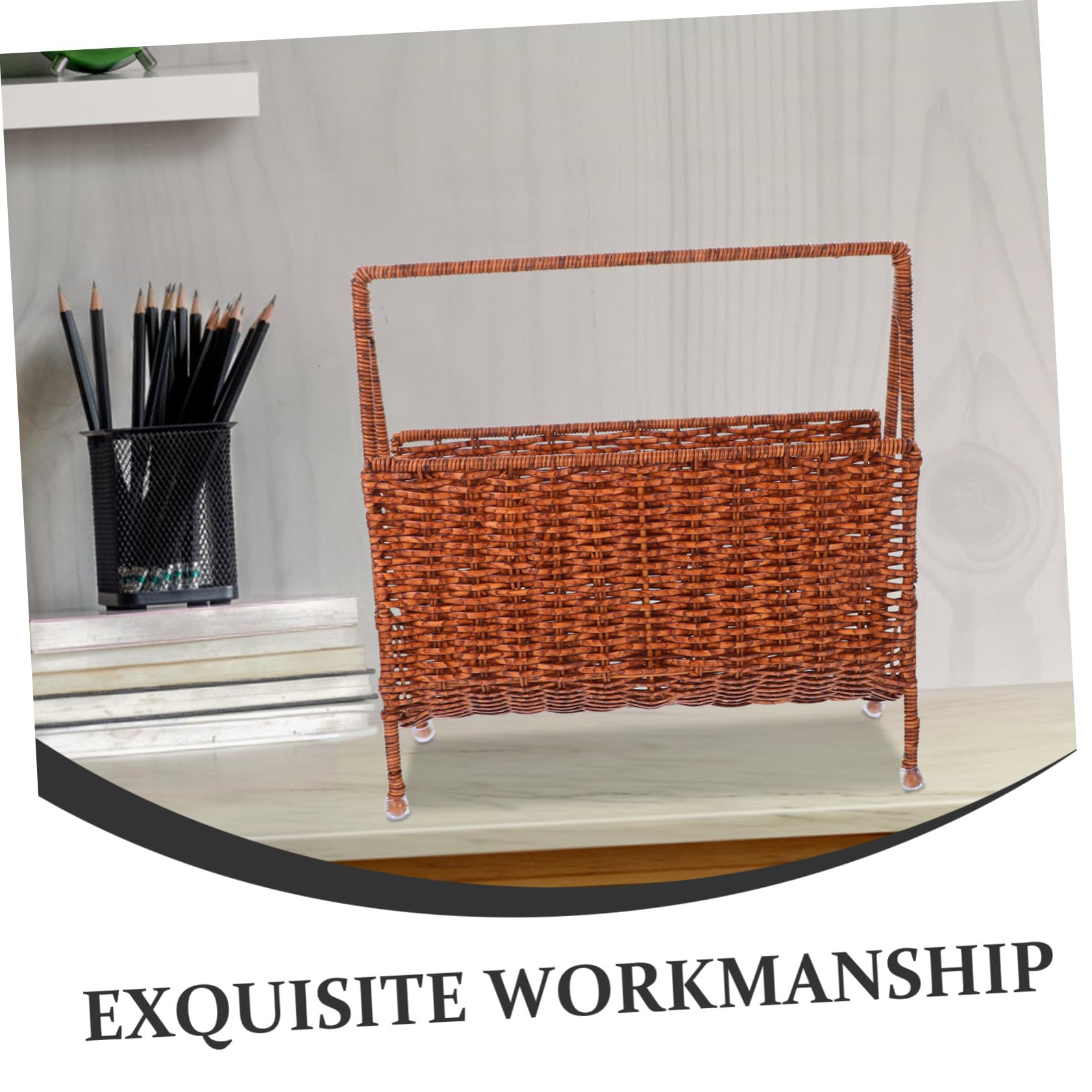 Portariviste in Rattan Sintetico Marrone per Casa e Ufficio | Struttura in Pe Facile da Pulire, Stile Farmhouse Naturale, Pezzo Decorativo Creativo