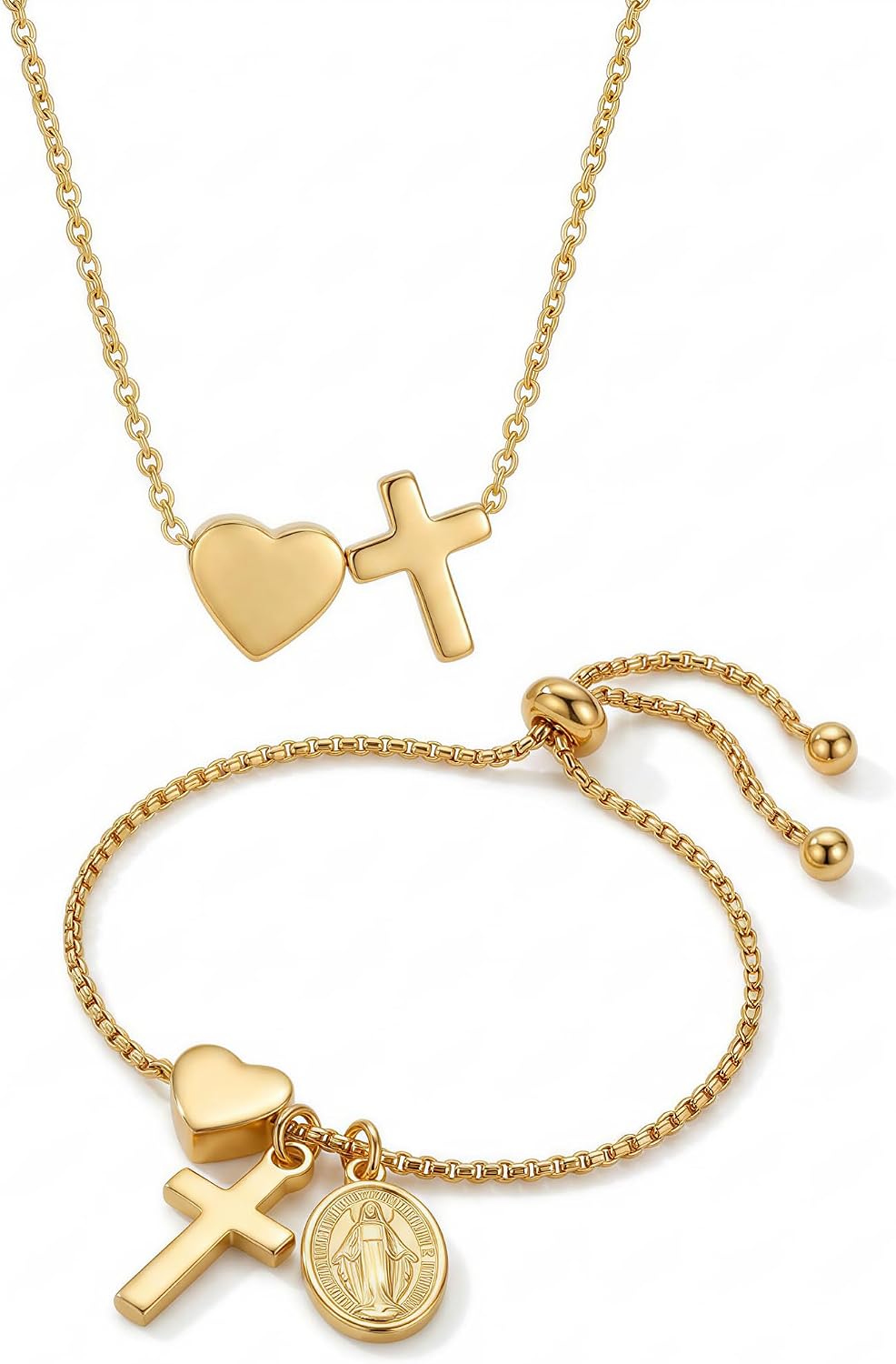 Cross Heart Necklace and Adjustable Bracelet Set with Blessing Card | Religious Keepsake Christening Jewelry for Goddaughter Granddaughter,Baptism Gifts for Girls