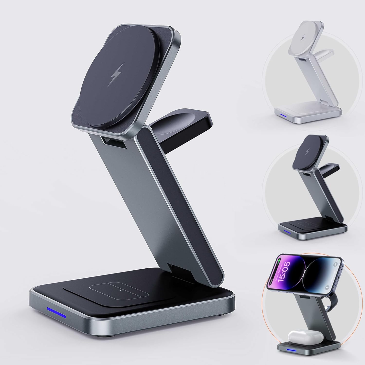 SIMPKEELY 3-in-1 Magnetic Wireless Charging Station, 15W Fast Charger Stand for iPhone/Apple Watch/AirPods, Foldable Design (Gray)